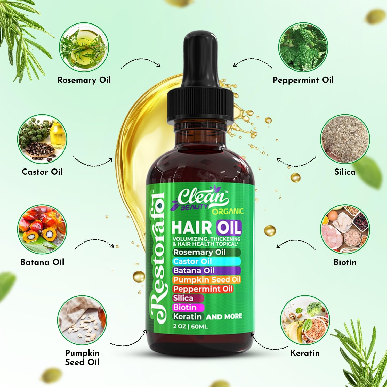 Detalle de Clean Beauty Rosemary Hair Oil for Growth (Castor, Batana, Pumpkin Seed + Biotin, Keratin, Silica) — 1 Pack