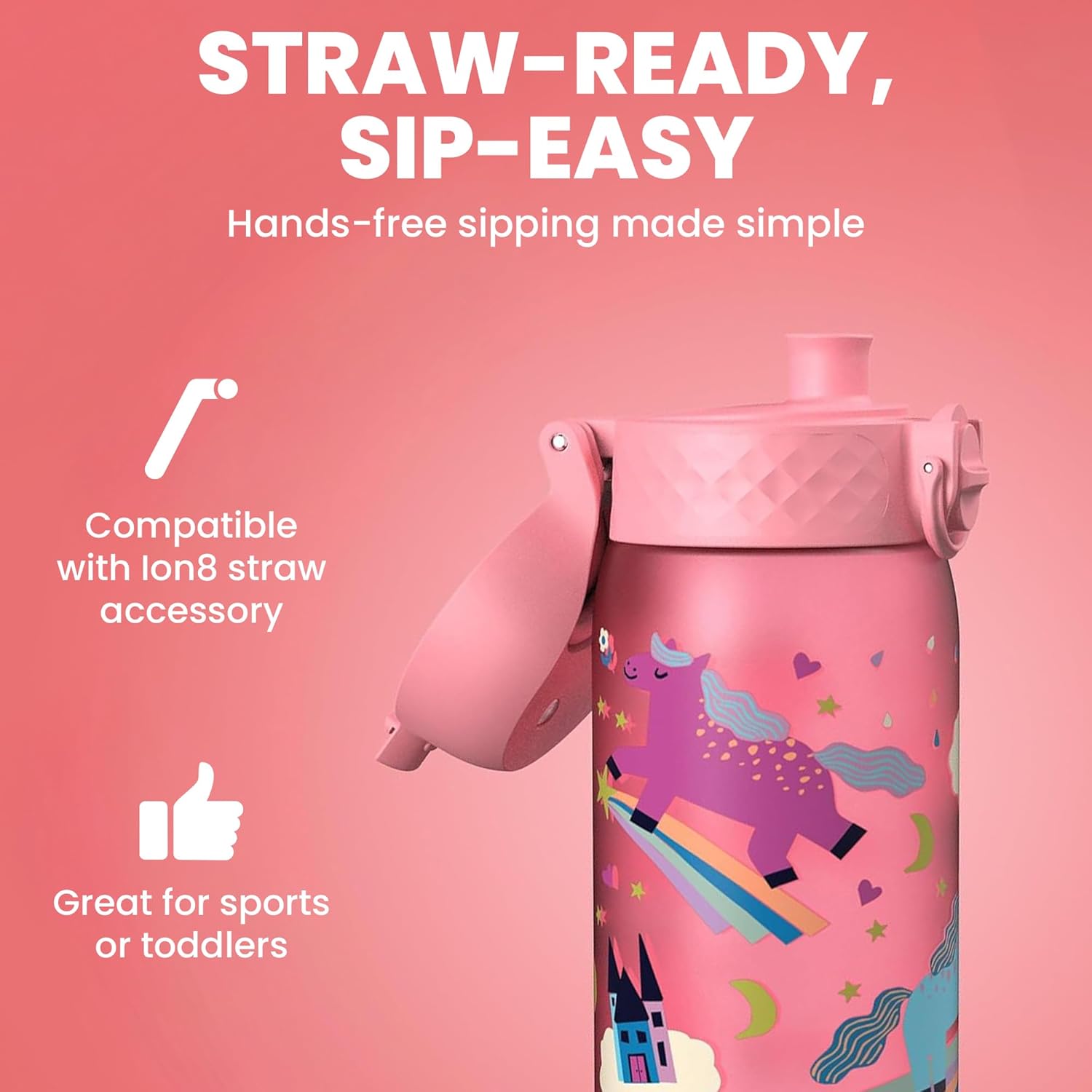 Detalle de Ion8 Borraccia per Bambini 350 ml – a Prova di Perdite, Rosa Unicorni