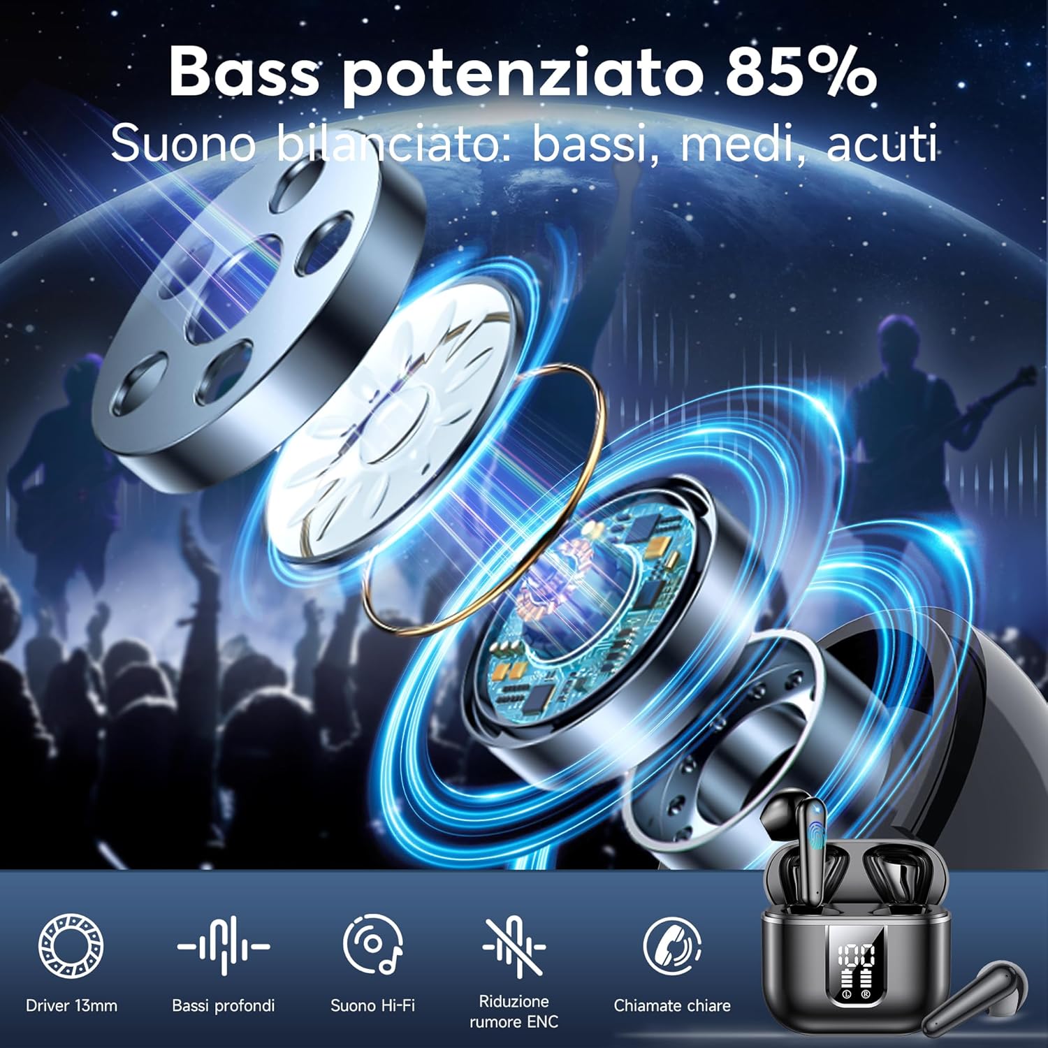 Detalle de Cuffie Bluetooth 60 Ore: Auricolari In-Ear Hi‑Fi con ANC ENC, Display LED e IPX7