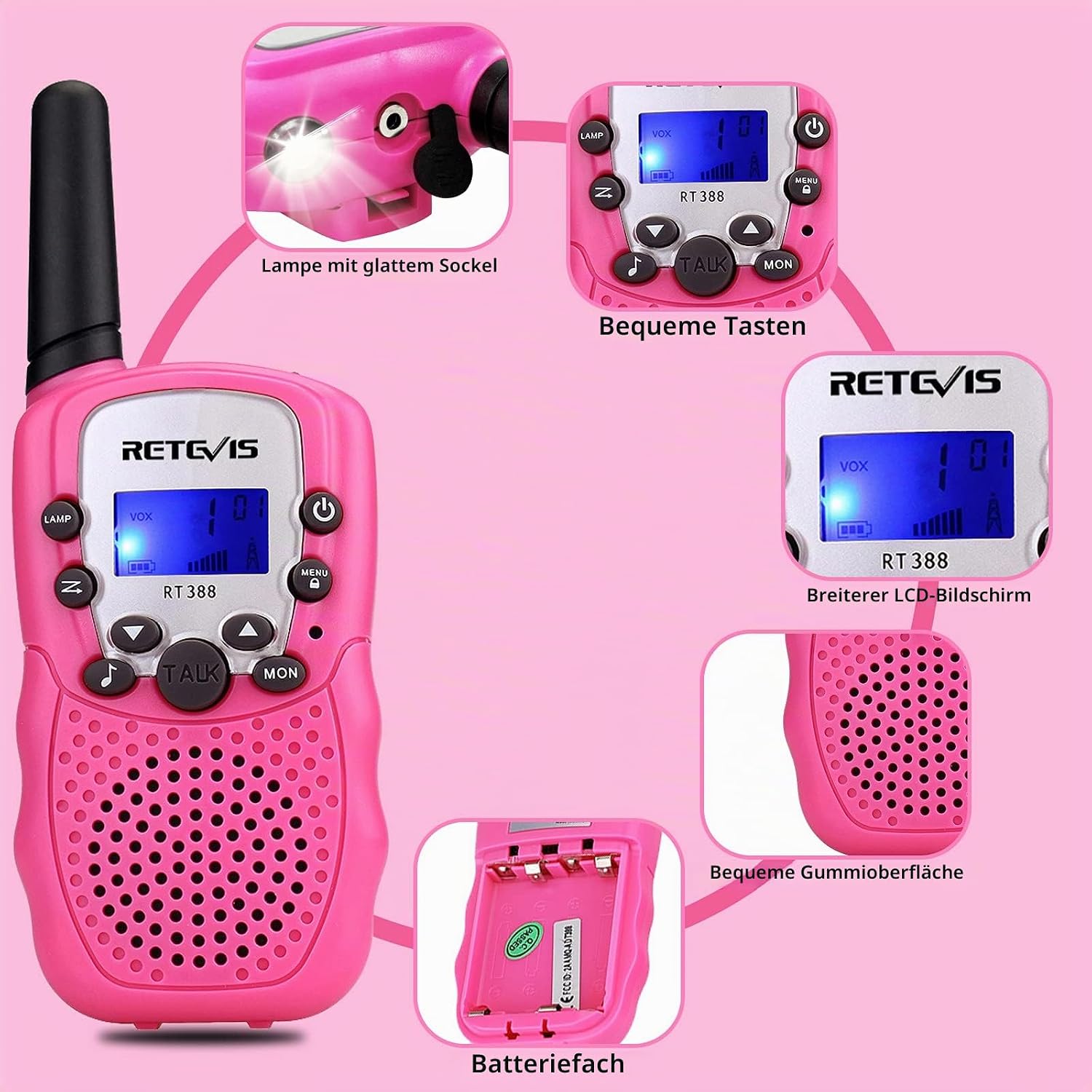 Thumbnail 1 de Retevis RT388 Walkie Talkie Kinder – 8 Kanäle, Taschenlampe, VOX, 2er Pack, Rosa