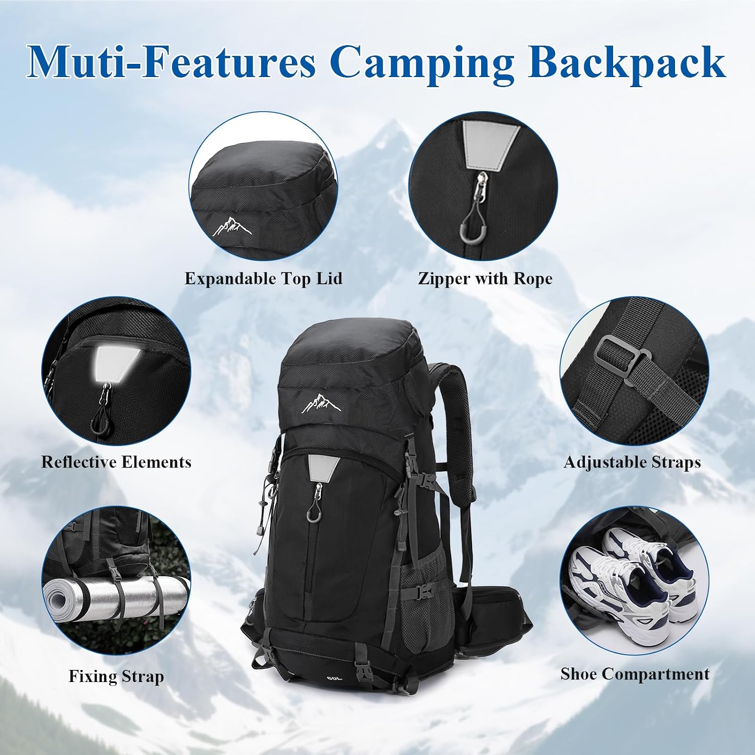 Thumbnail 1 de Mingfuxin 60L Hiking Backpack: Lightweight, Waterproof Daypack for Multi-Day Adventures