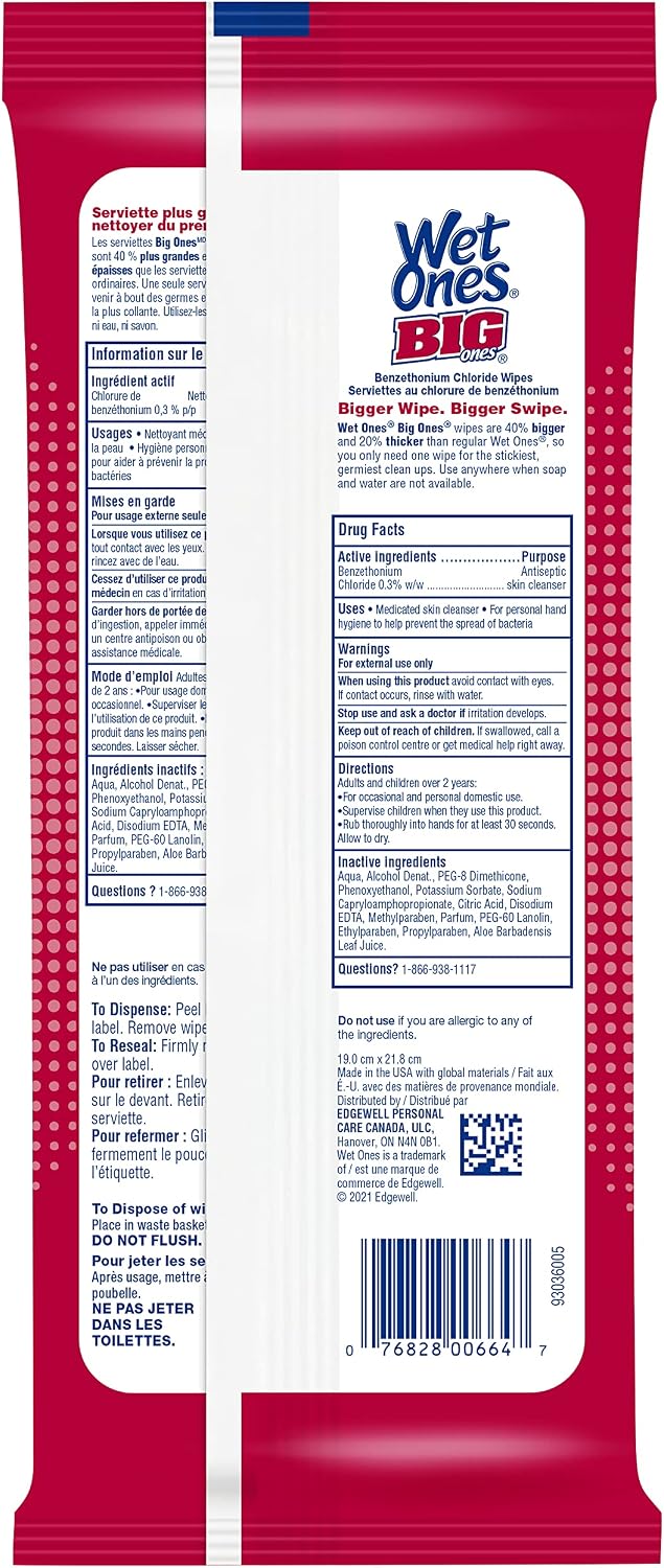 Detalle de Wet Ones X0066400 Big Ones Antibacterial Hand Wipes, Fresh Scent, 28-Count, 12-Pack