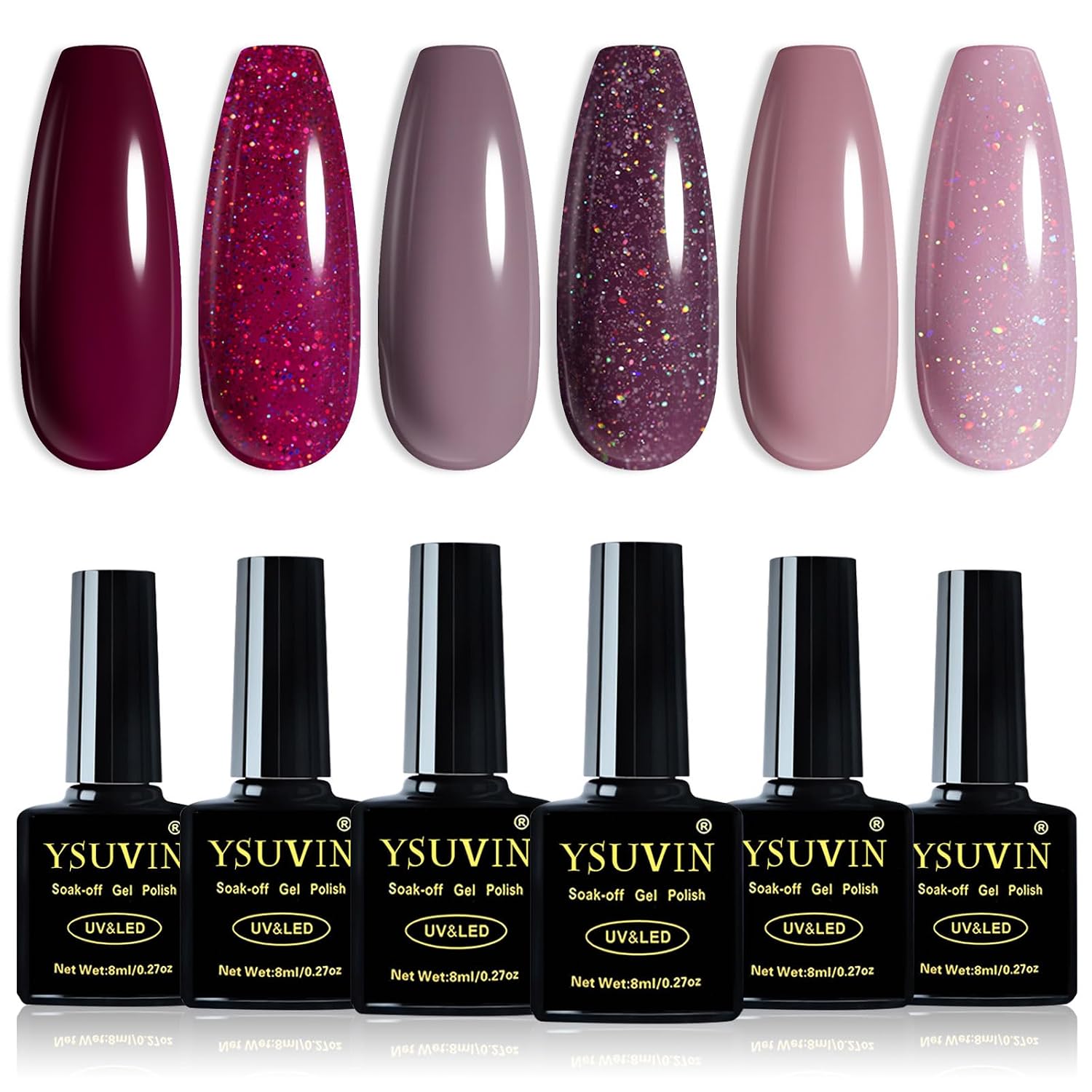 Detalle 2 de YSUVIN UV Nagellack Set – 6 Farben Burgund, Taupe, Rosa, Lila Glitzer (8 ml) für DIY Nail Art