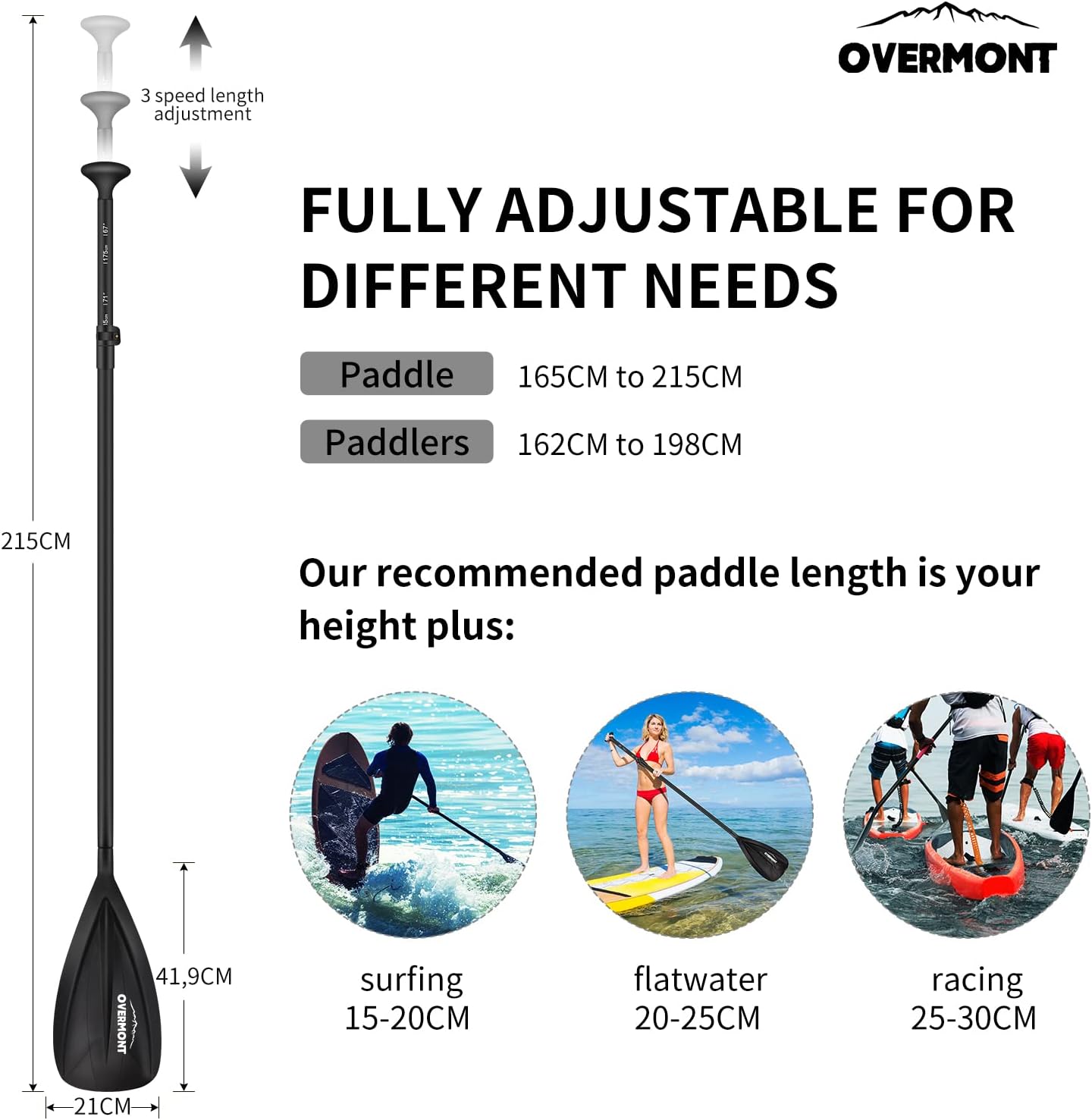 Detalle de OVERMONT Paddle SUP in alluminio, 3 pezzi regolabile – pala completa per Stand Up Paddle