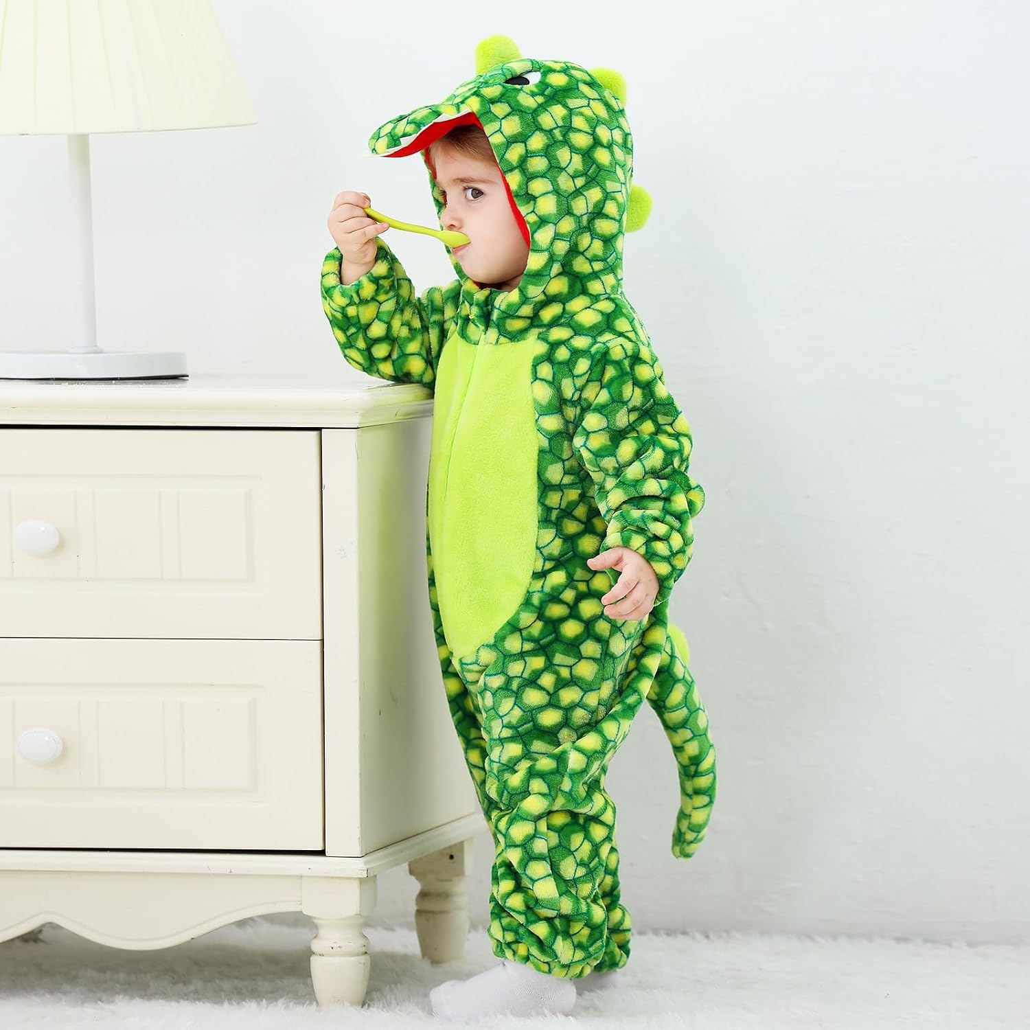 Detalle 2 de LOLANTA Dinosaur Hooded Romper for Toddlers, Fleece One-Piece Costume