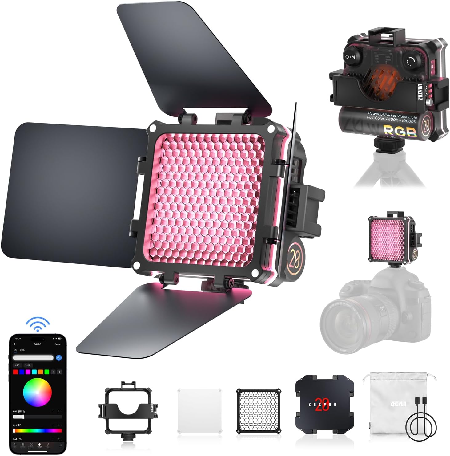 Detalle de ZHIYUN Fiveray M20 Combo – Bi-Color Videolicht 20W mit Magnetzubehör
