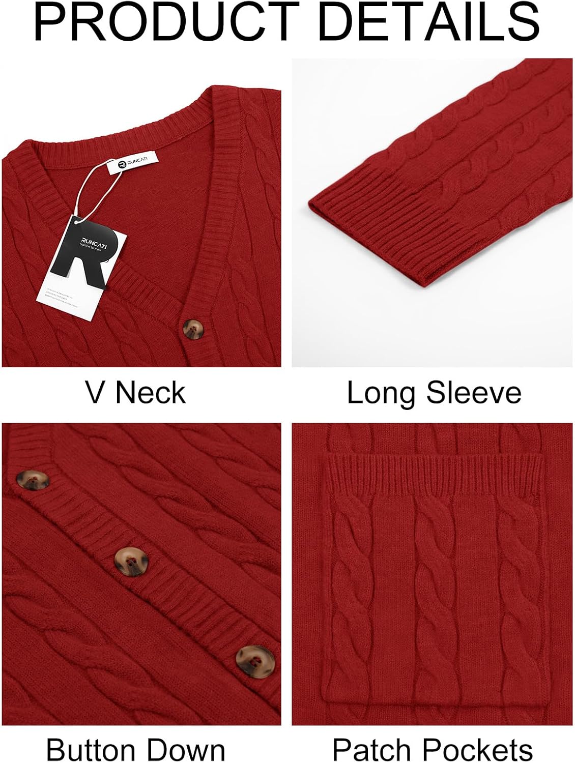 Detalle de Runcati Men's Cable-Knit Cardigan Sweater