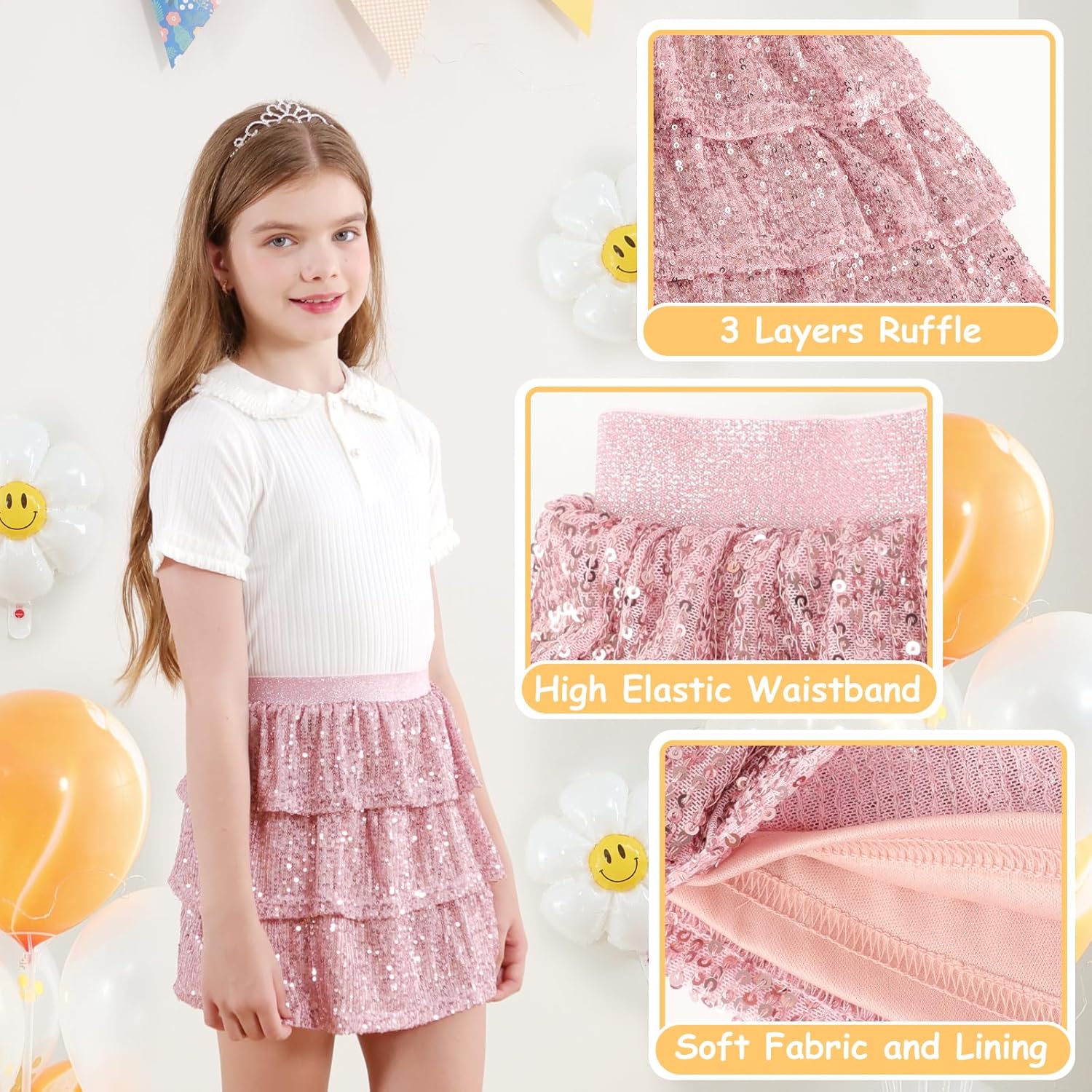 Detalle de Bezioner Girls Sequin Skirt – Layered Glitter Ruffle Skirt for Kids (5–14 Years)