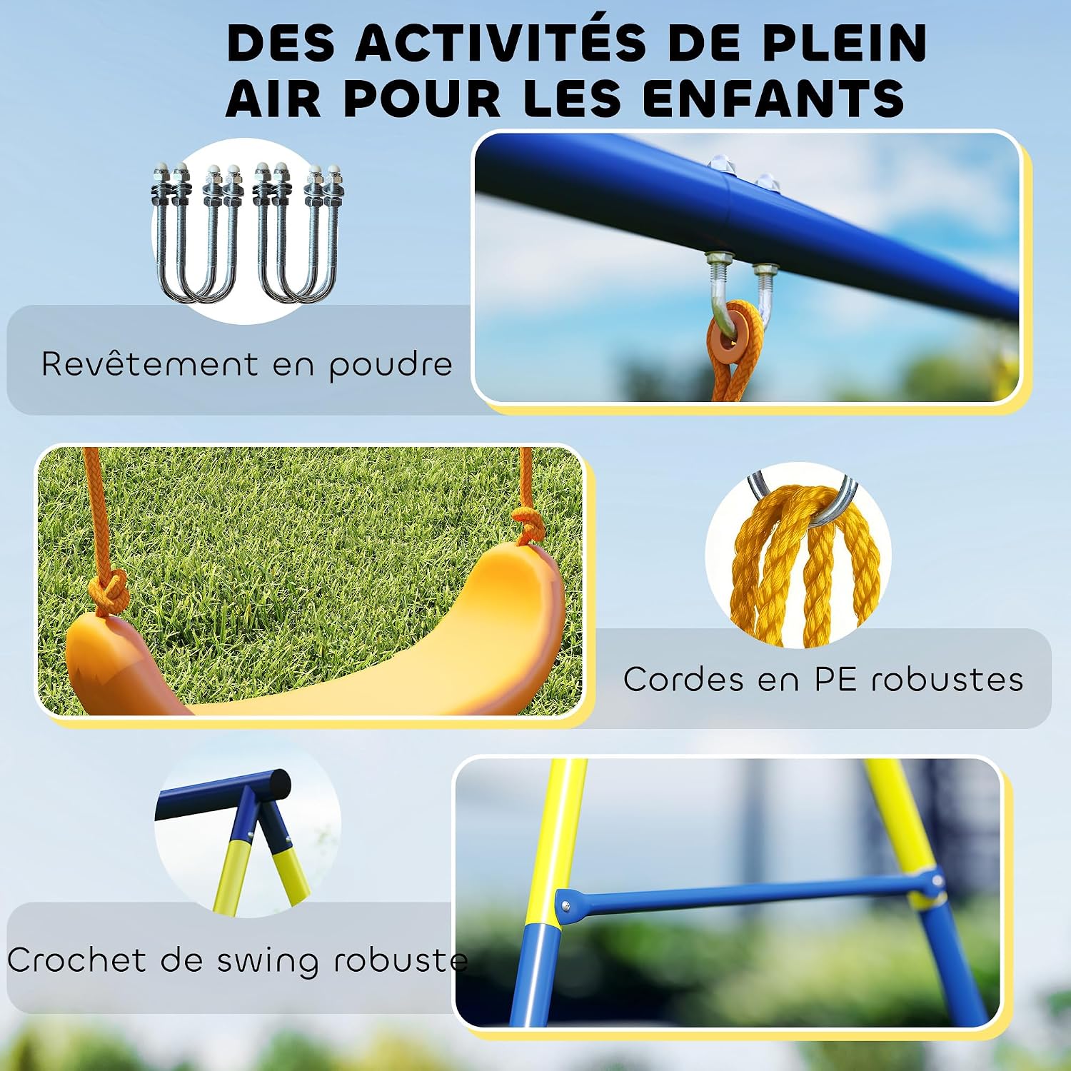 Detalle de AIYAPLAY Portique Balançoire Extérieure 3-en-1 pour Enfants (3–8 ans) – Siège, Anneaux et Balançoire à Disque