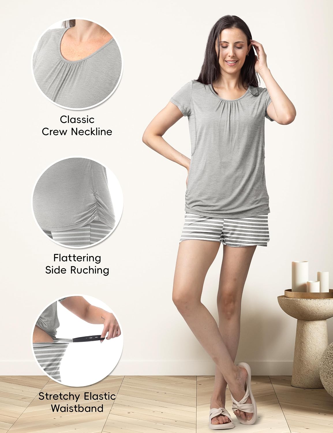 Detalle de SUNNYBUY 3-teiliges Stillpyjama-Set für Damen – Kurzarm-Stillshirts, Umstandsshorts und Bauch-Hose