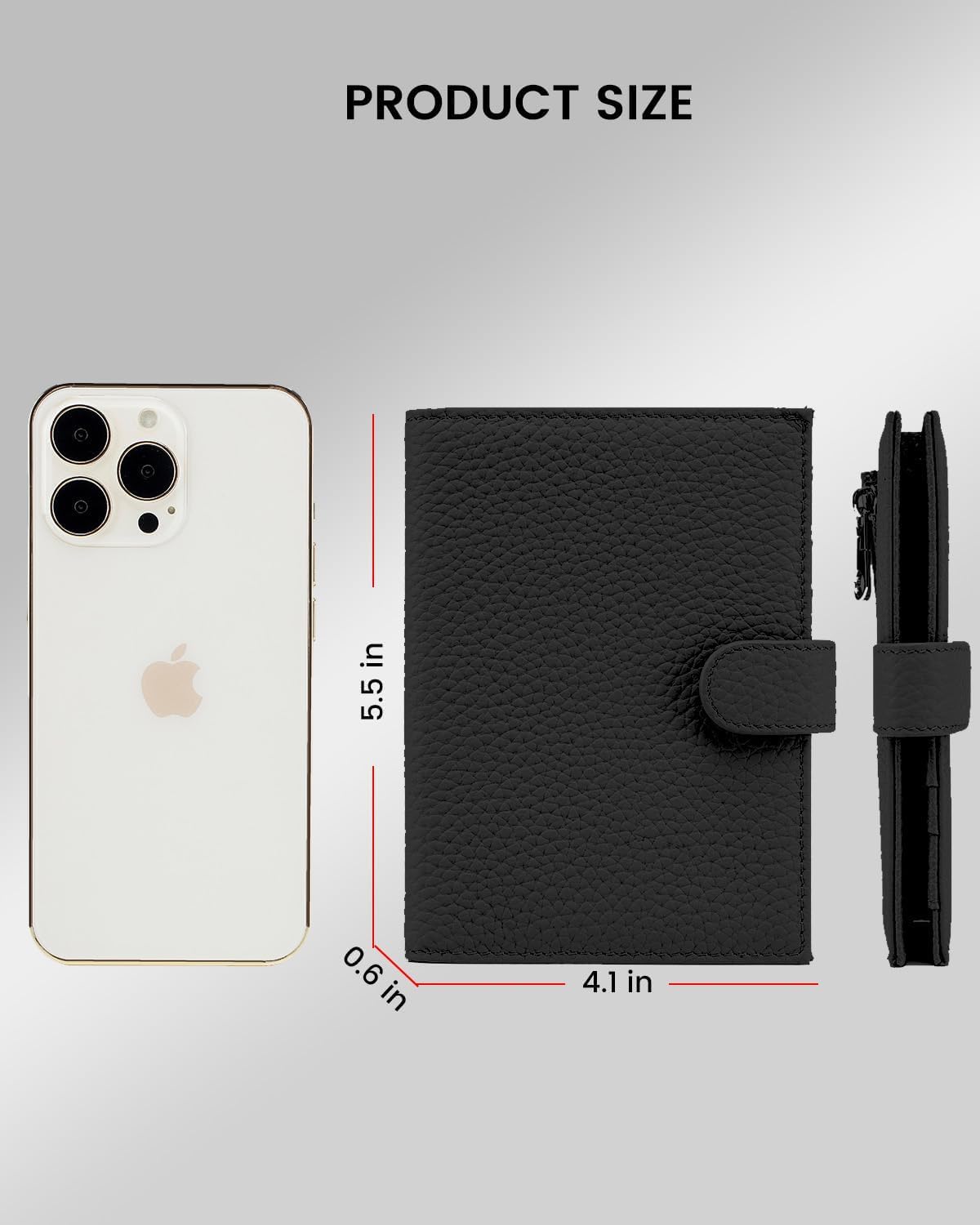 Detalle de Portefeuille porte-passeport mince en cuir RFID avec porte-cartes et poche zippée – Noir