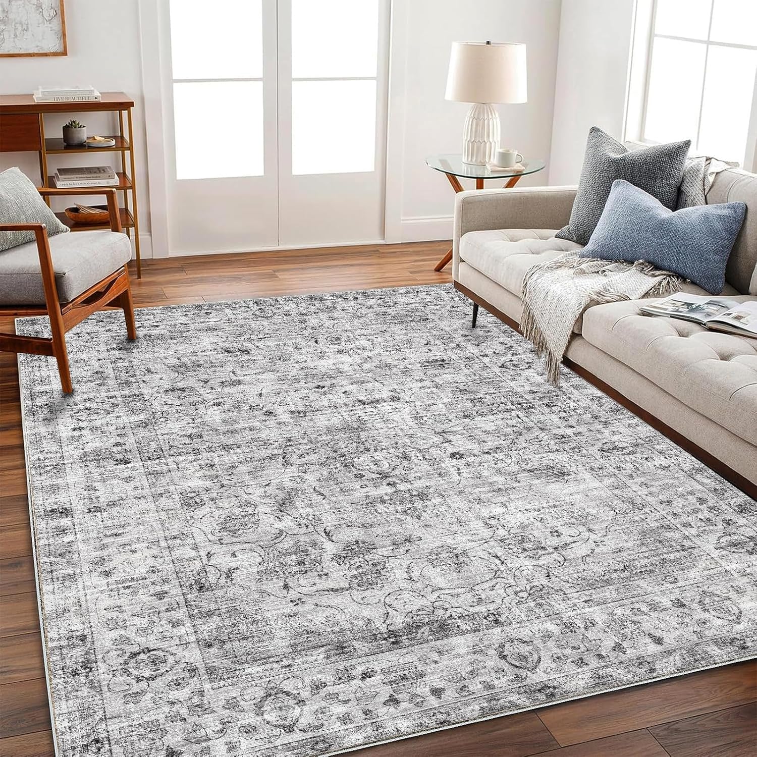 Detalle de CHAMPLANT 9' x 12' Washable Area Rug, Low-Pile Retro Floral Design
