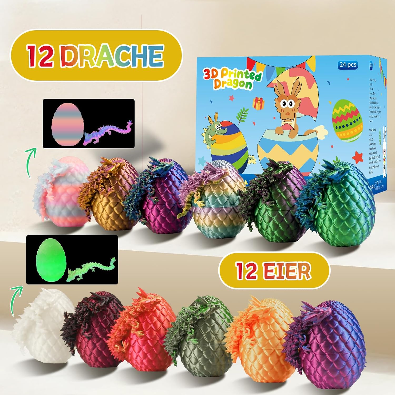 Thumbnail 1 de JOMBY 12er Set 3D-gedruckte Dracheneier – bewegliche Kristall-Drachen als Spielzeug und Deko