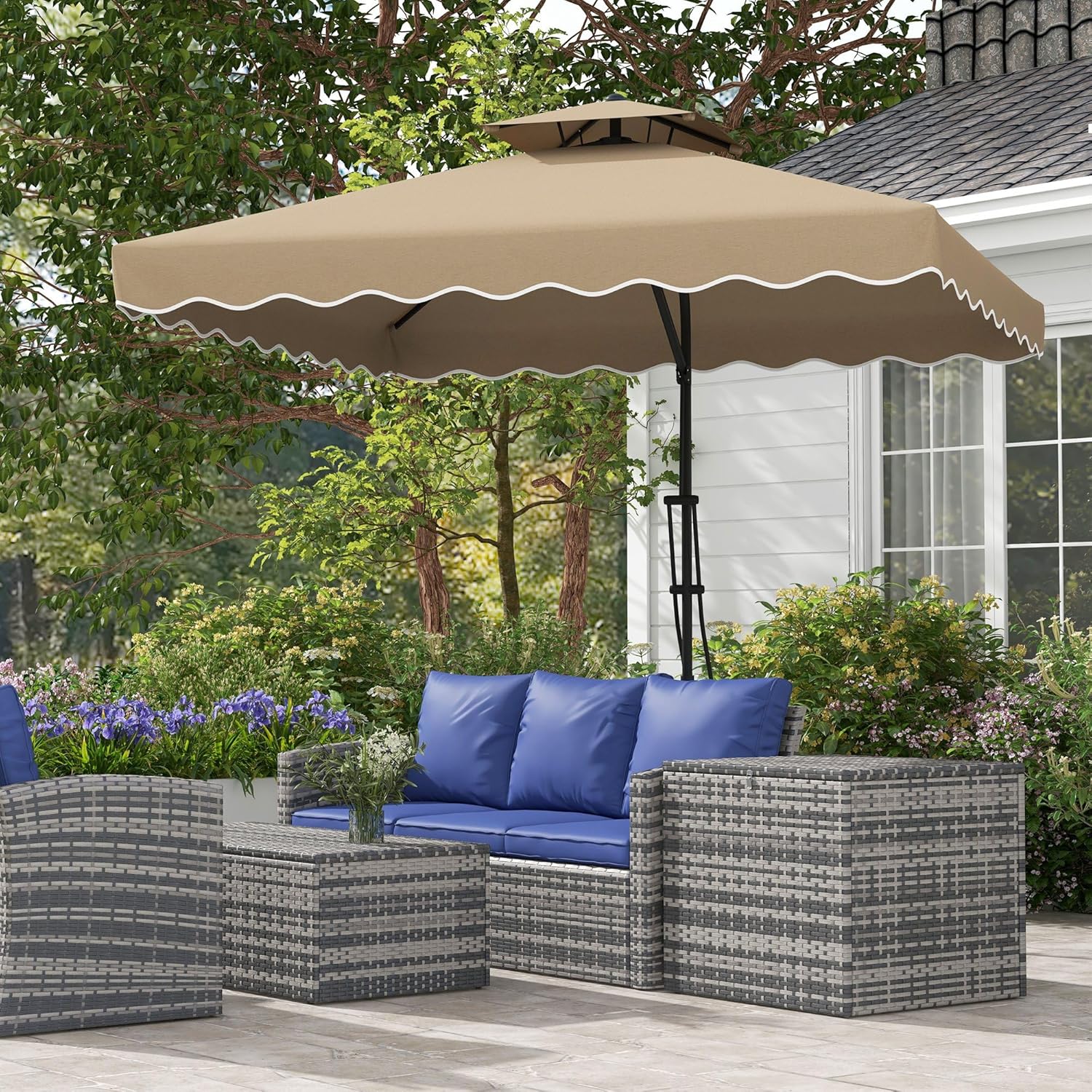 Thumbnail 1 de Outsunny Parasol déporté carré avec double toit et lambrequin, pied en croix (kaki)