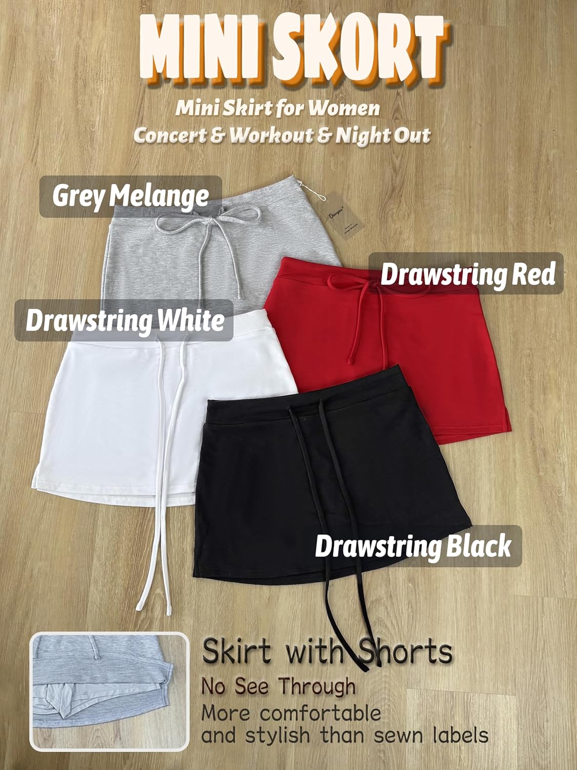 Thumbnail 3 de Danysu Stretchy Mini Skorts Low Waist Drawstring Skirt with Built-In Cooling Shorts and Side Slit