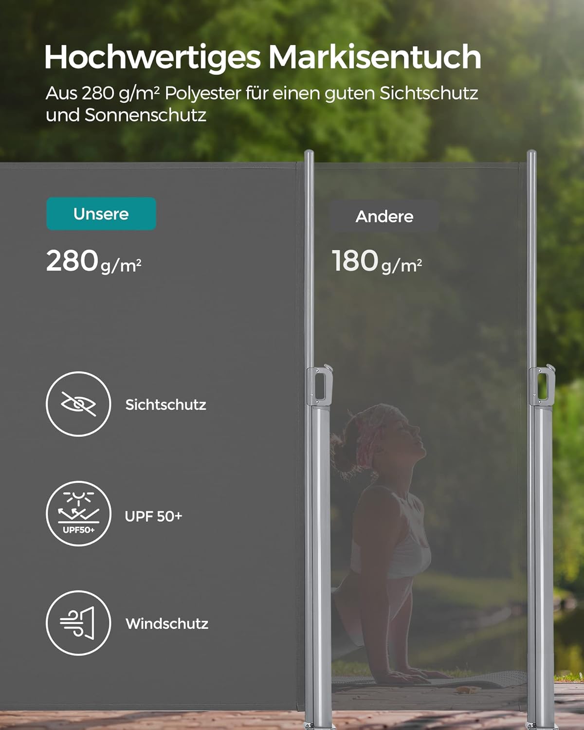 Detalle 2 de SONGMICS Alu-Seitenmarkise GSA184G – ausziehbar, 180 x 400 cm, blickdichtes Sonnenschutz-System aus Aluminium
