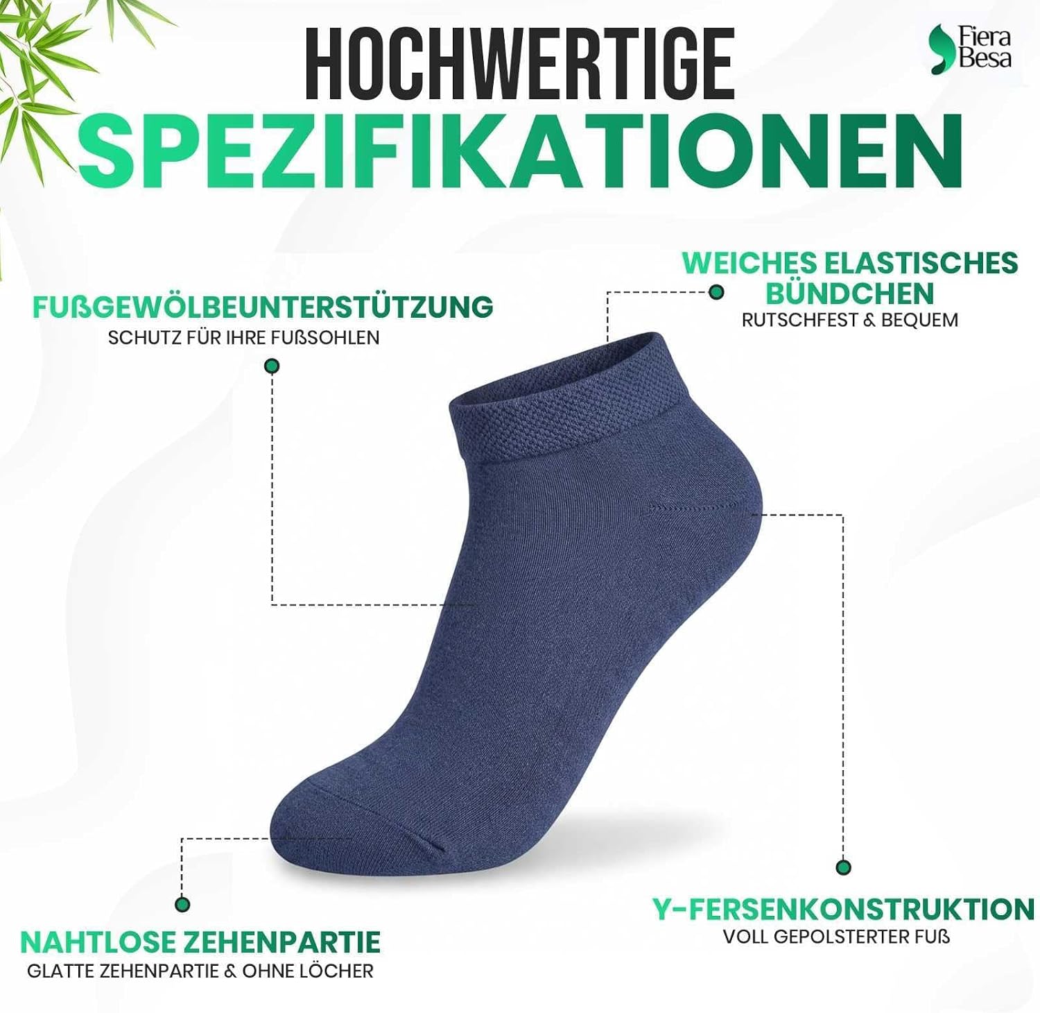 Thumbnail 1 de Fiera Besa FB-Uni-Bmb-Ptk Bamboo Trainer Socks, Short, Breathable, 5 Pairs