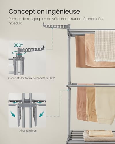 Thumbnail 4 de Songmics Étendoir à Linge 3 Niveaux, Séchoir Mobile Pliable – XXL en Acier Inoxydable