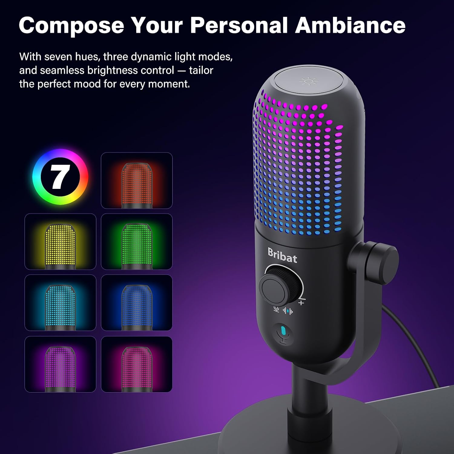 Detalle de BRIBAT BR-D68 USB Condenser Microphone with RGB Lighting and Mute Control