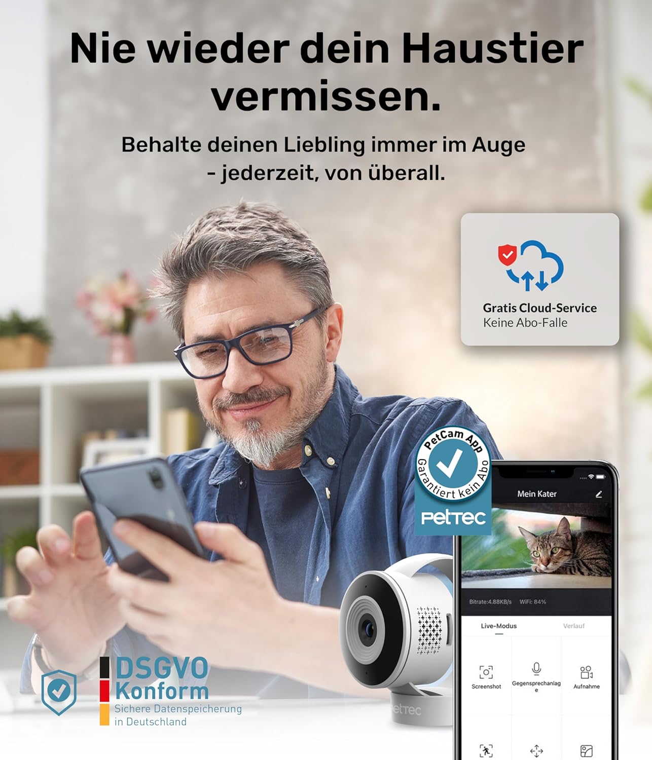 Thumbnail 1 de PetTec® Cam Lite (3MP) WLAN Haustierkamera für Hund & Katze mit Nachtsicht, Bewegung- und Geräuscherkennung