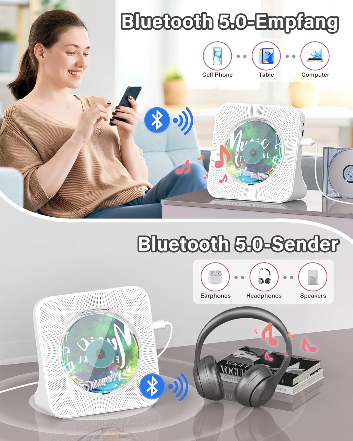 Thumbnail 2 de Greadio tragbarer CD-Player mit Bluetooth 5.0, Fernbedienung und FM-Radio (AUX/USB, Kopfhörerbuchse)