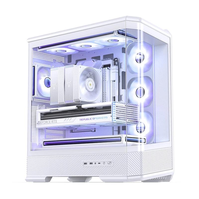 Detalle 2 de Caja PC Jonsbo D400 Blanca: diseño acrílico de cristal templado y gran compatibilidad ATX/Micro-ATX/Mini-ITX