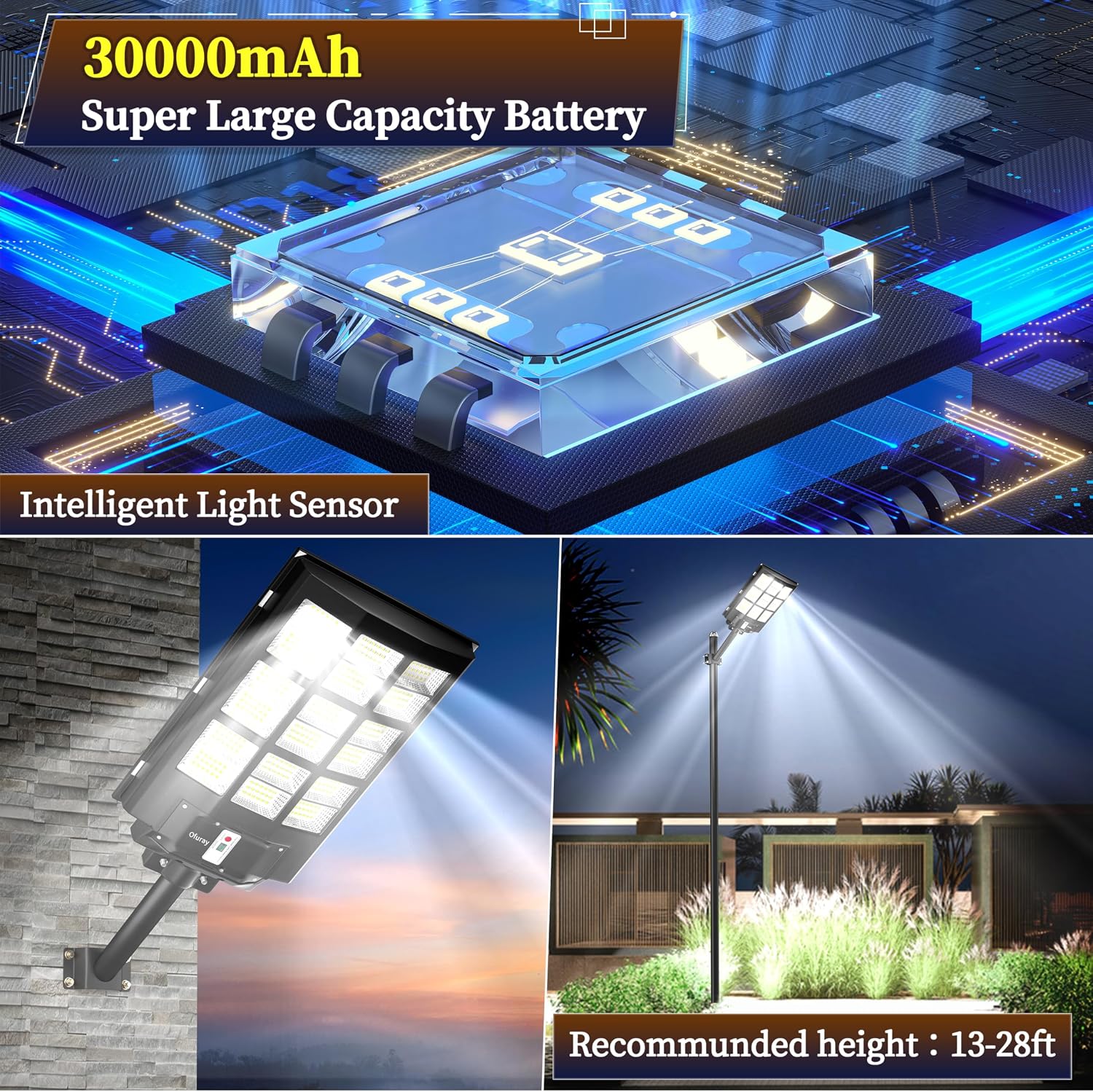 Detalle de Lampione Solare LED Ofuray OF-3600W con sensore di movimento, pannello e telecomando
