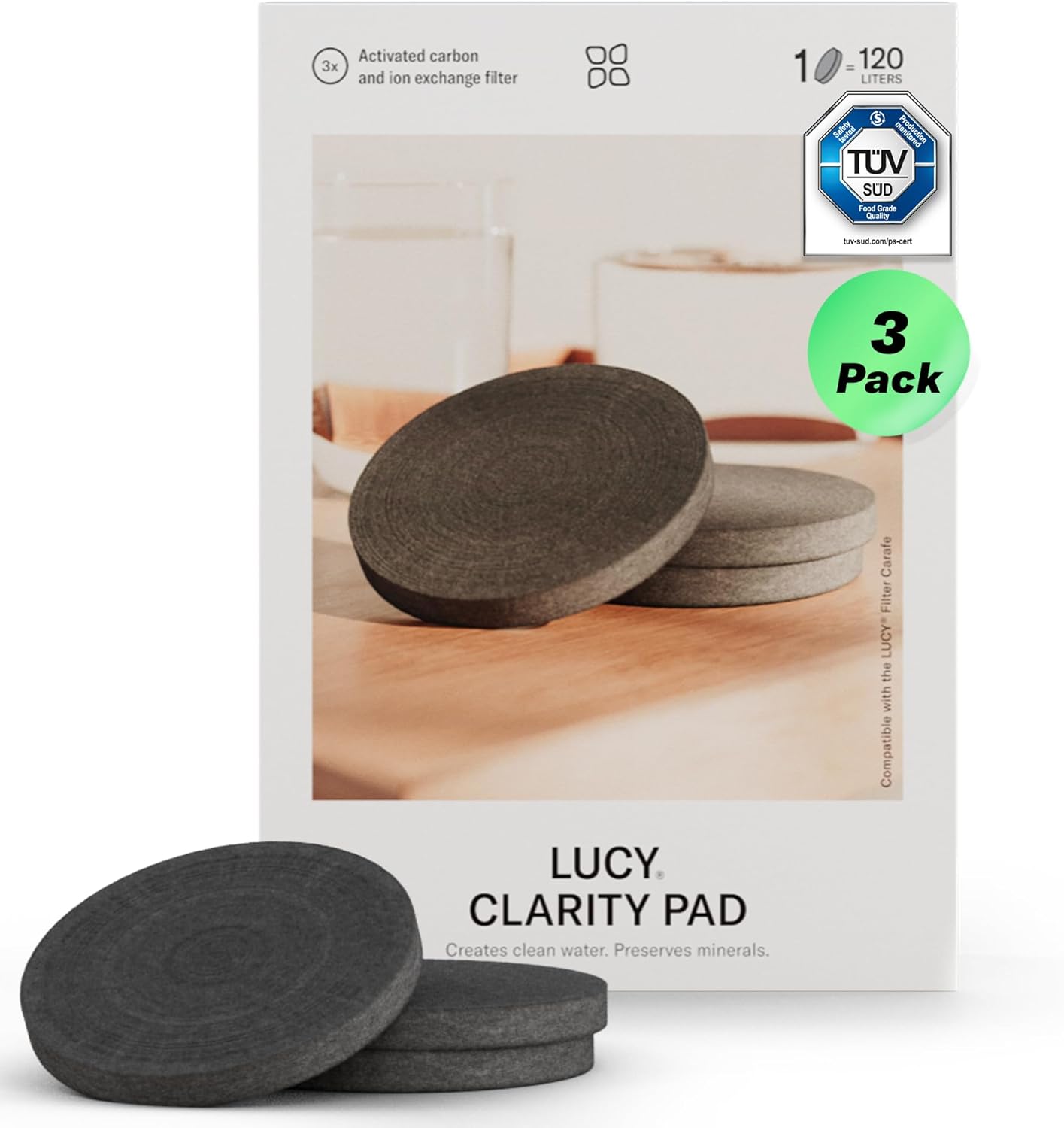 LUCY® 3x Filtri Clarity Pad per Caraffa Filtrante LUCY® – Filtri acqua carboni attivi certificati TÜV