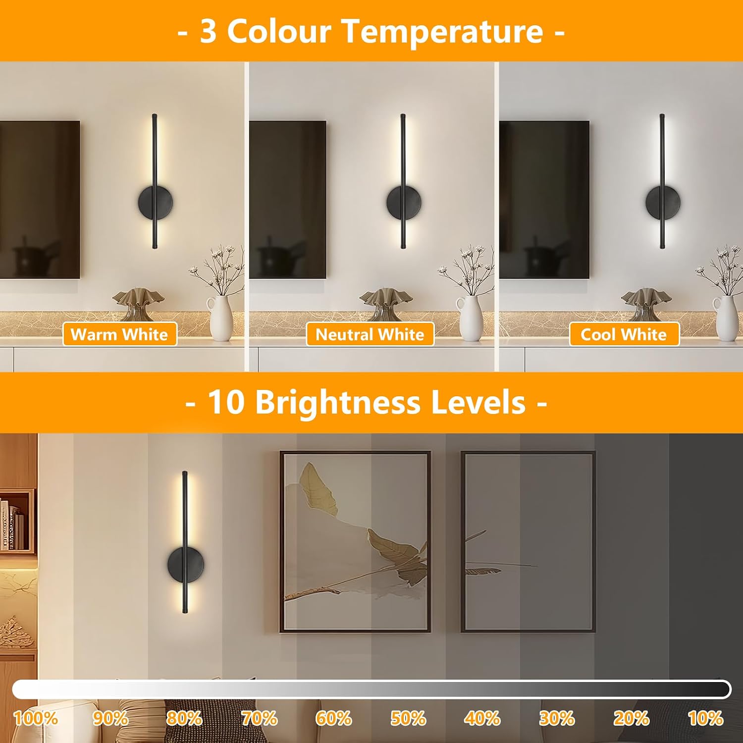 Thumbnail 5 de Dehobo Rechargeable Wall Lights (2 Pack) – Battery Operated, 3 Colour Temperature, Dimmable LED Wall Sconce with Remote, Black 40cm