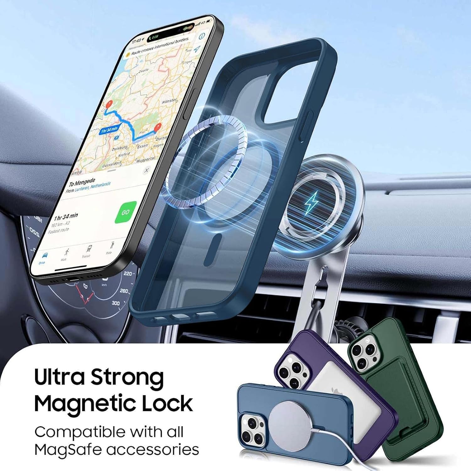 Detalle 2 de Ntwinro iPhone 15 Pro Magnetic Wallet Case, Deep Blue, MagSafe, Detachable Holder