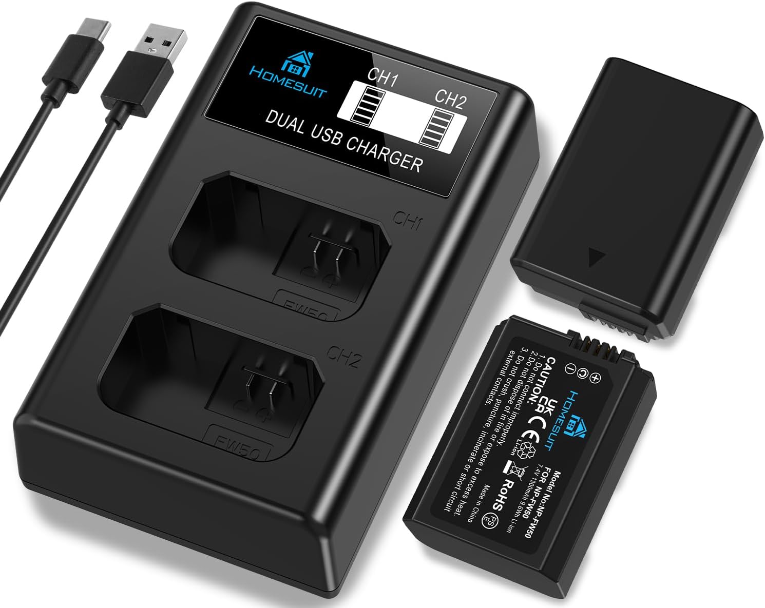 Detalle de Homesuit NP-FW50 Akku-Set (2er-Pack) mit USB LCD Ladegerät – kompatibel mit Sony ZV-E10 und vielen A-, NEX- Modellen