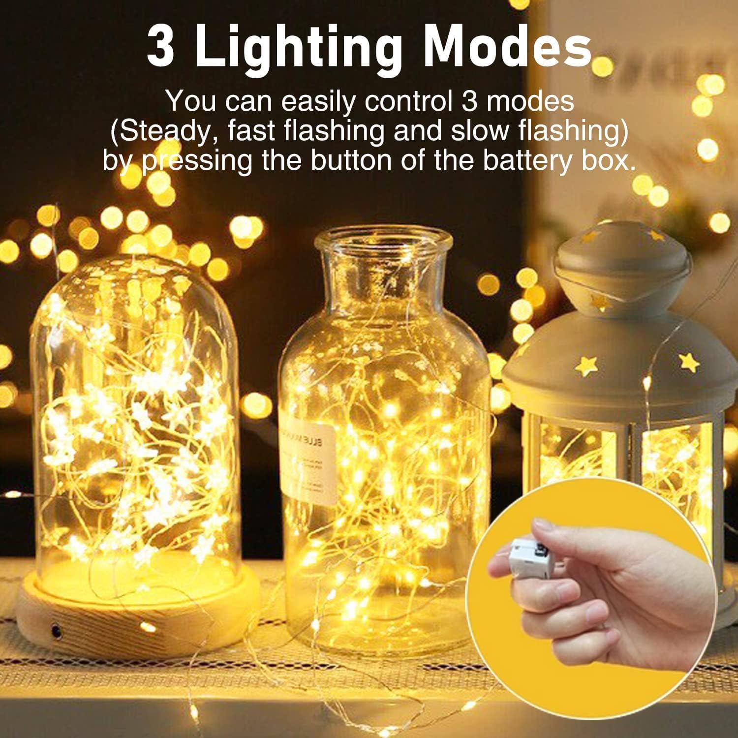 Detalle 2 de LED-Lichterkette Batterie, 6er-Set, 2 m je Strang, 20 LEDs, 3 Modi – warmweiß
