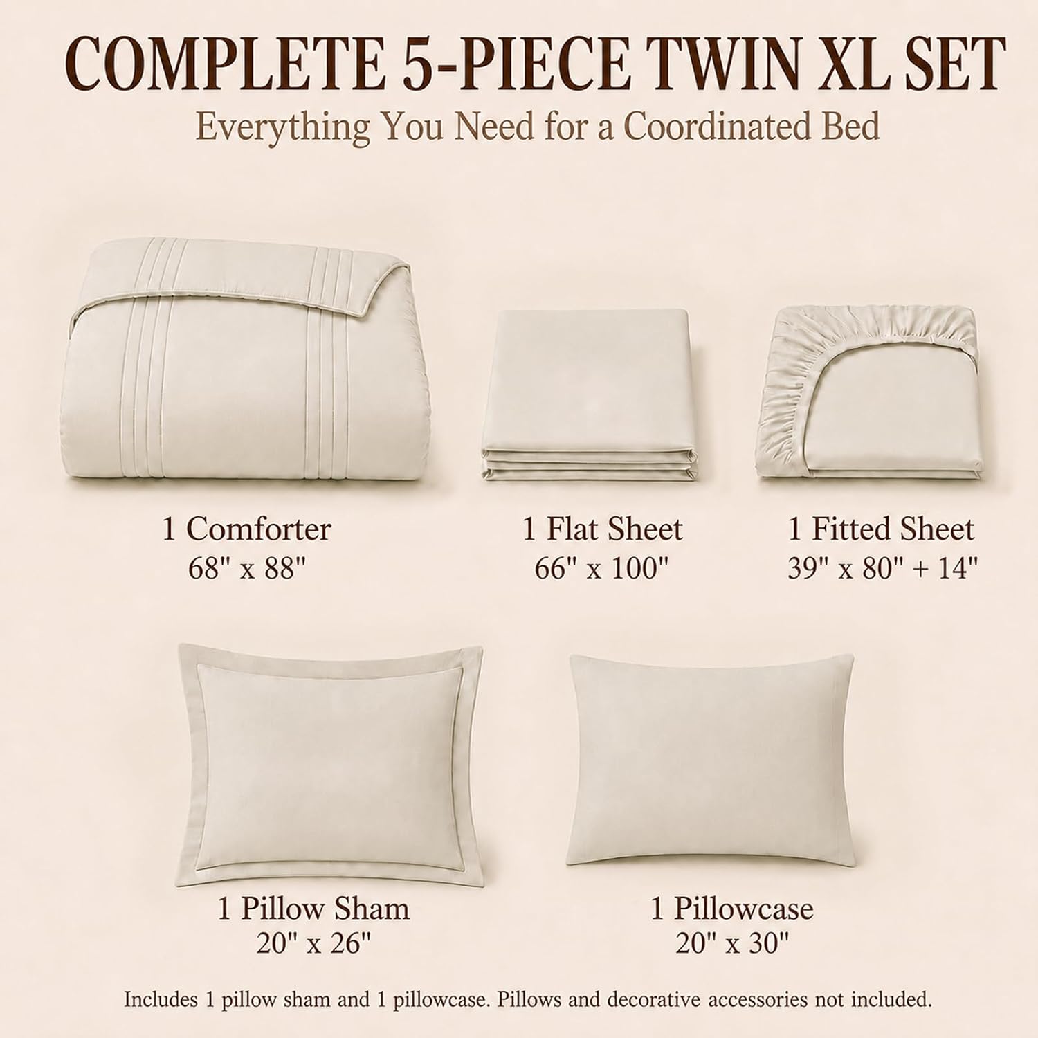 Detalle de CozyLux Twin XL Beige Comforter Set: 5-Piece Bed in a Bag