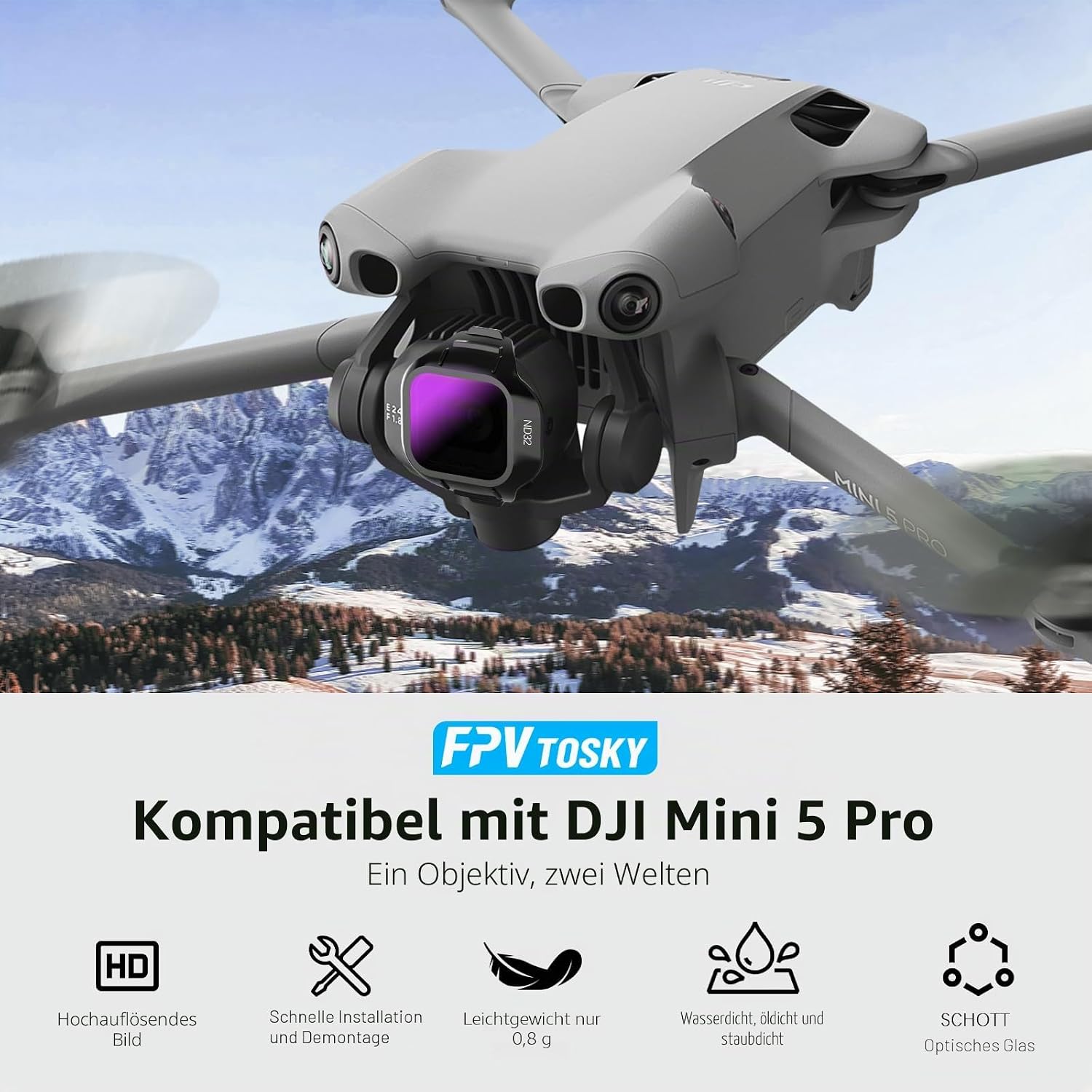 Detalle 2 de FPVtosky ND & CPL Filter-Set kompatibel mit DJI Mini 5 Pro (6er-Pack: CPL, ND8/16/32/64/256)