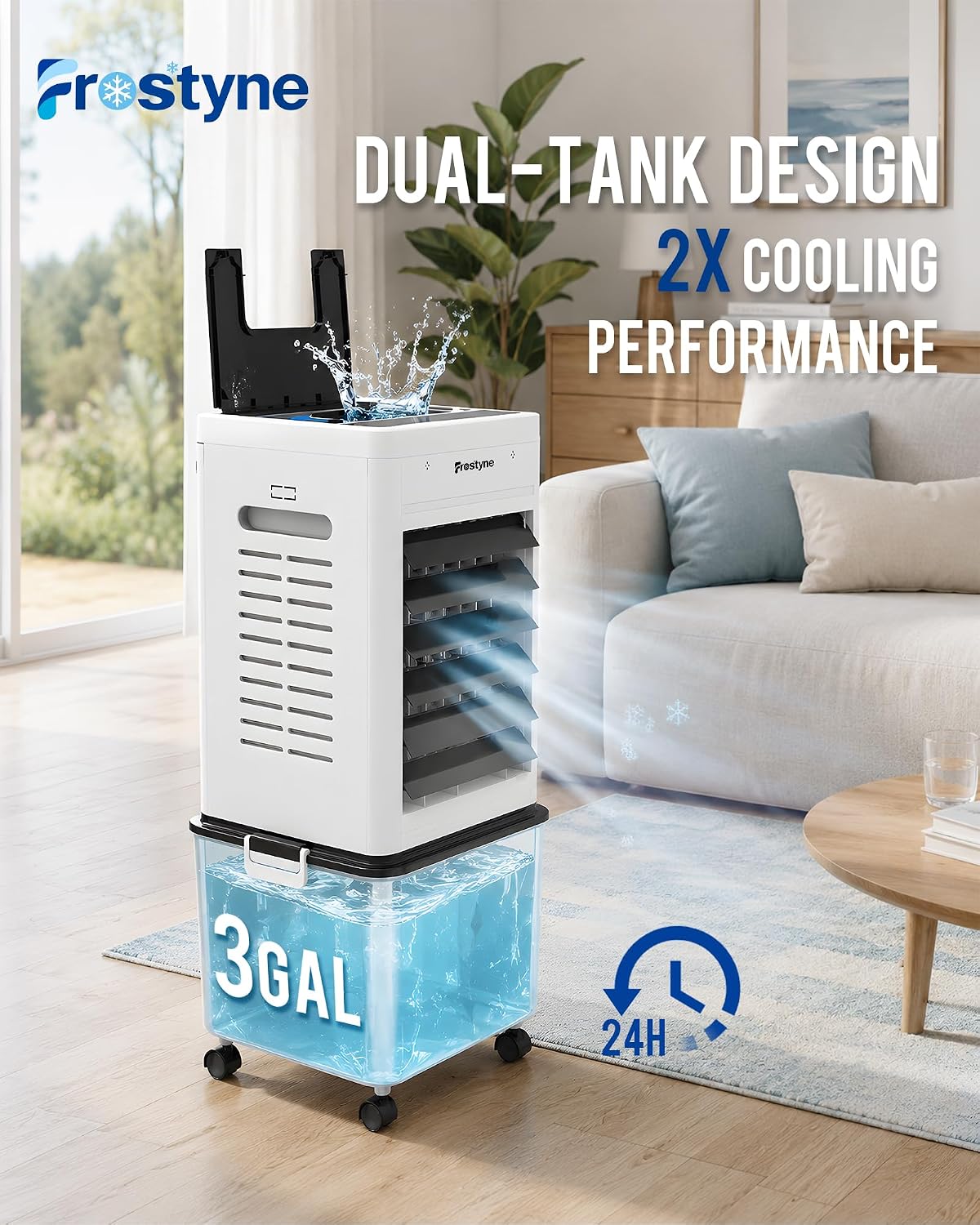 Thumbnail 4 de Frostyne Portable Evaporative Air Cooler with Humidifier (3Gal Tank, 10 Ice Packs, 6 Speeds, 4 Modes) – Black