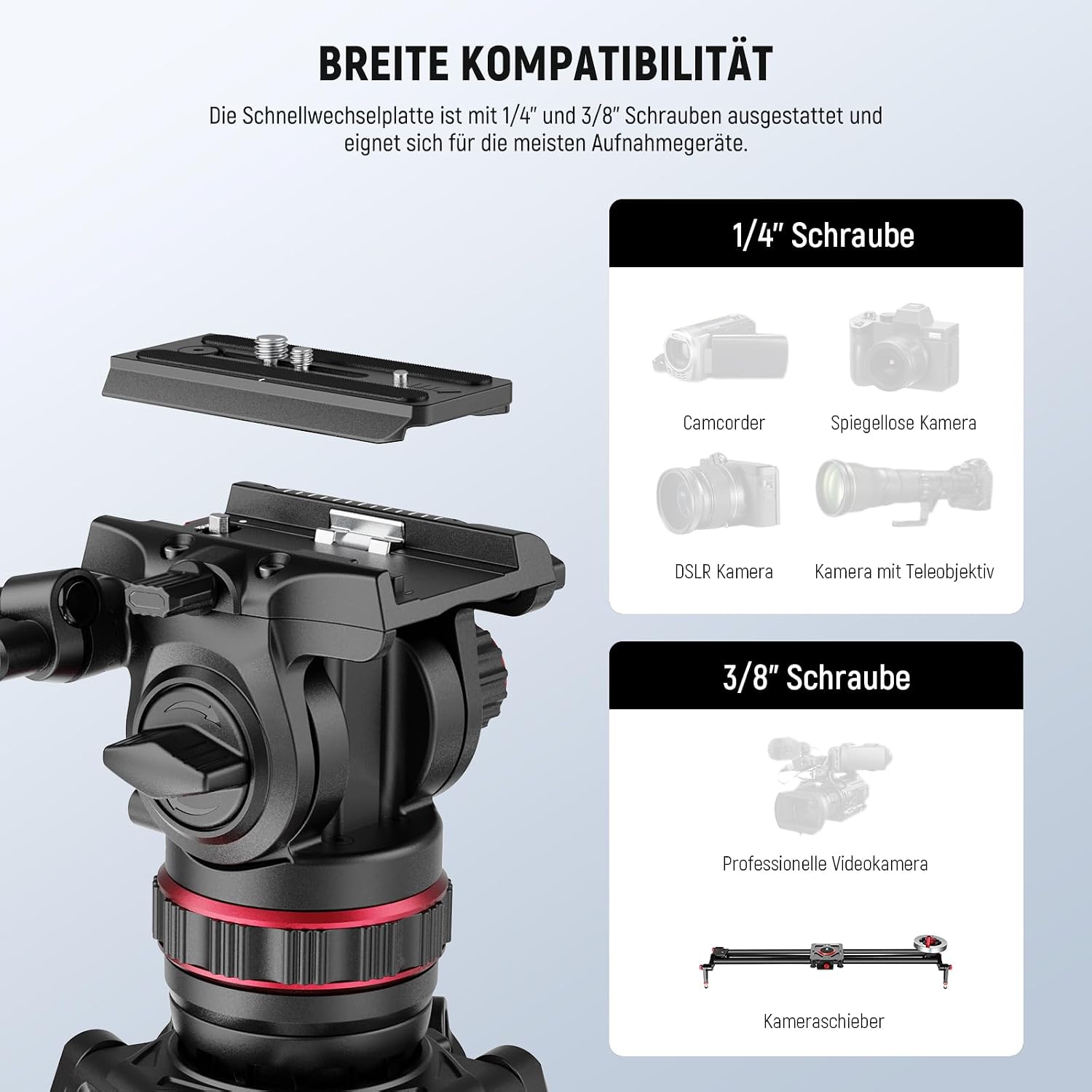 Detalle 2 de NEEWER 78" Kohlefaser-Video-Kamerastativ mit Fluidkopf, dämpfbarer Neigung und QR-Schnellwechsel