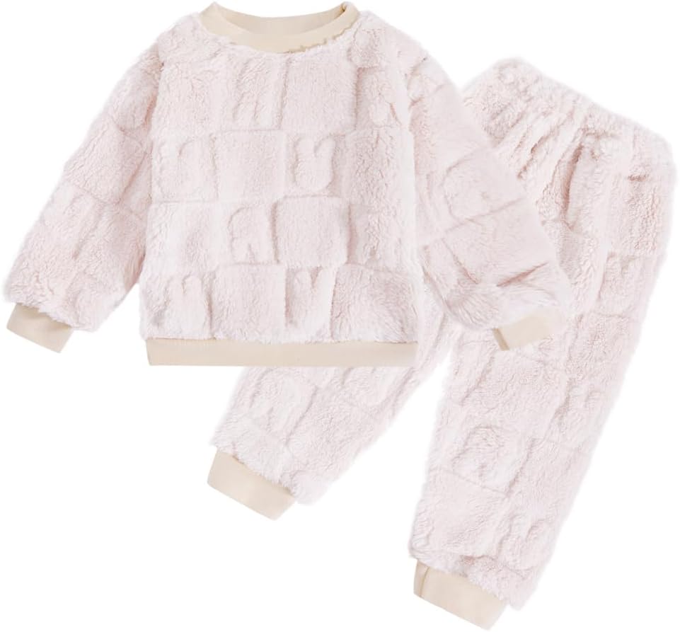 Detalle de JiAmy fleece-set för barn – fluffig tvådelad hemmadräkt, 12 mån–6 år