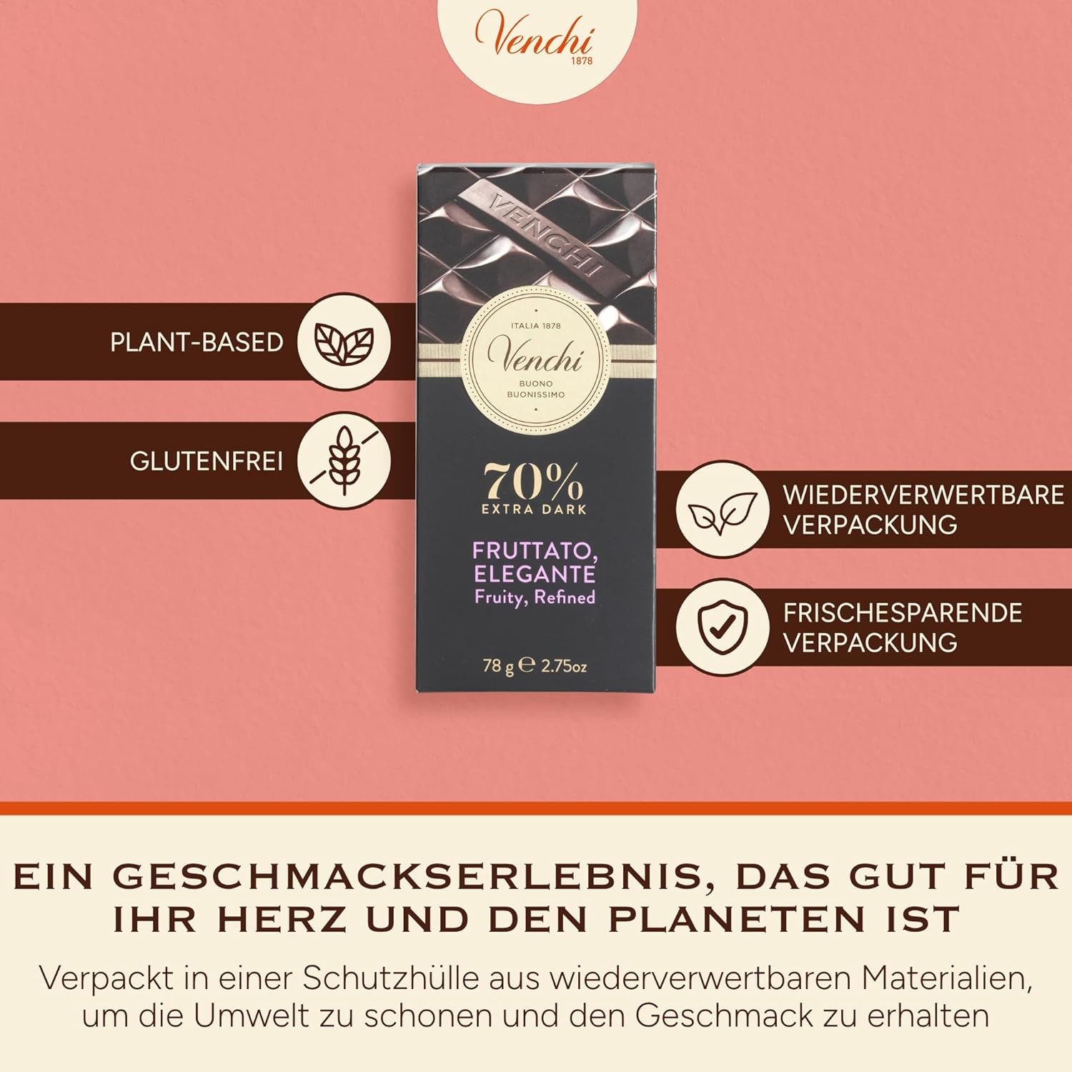 Detalle de Venchi Tafel Zartbitterschokolade 70% – 78 g, glutenfrei & vegan