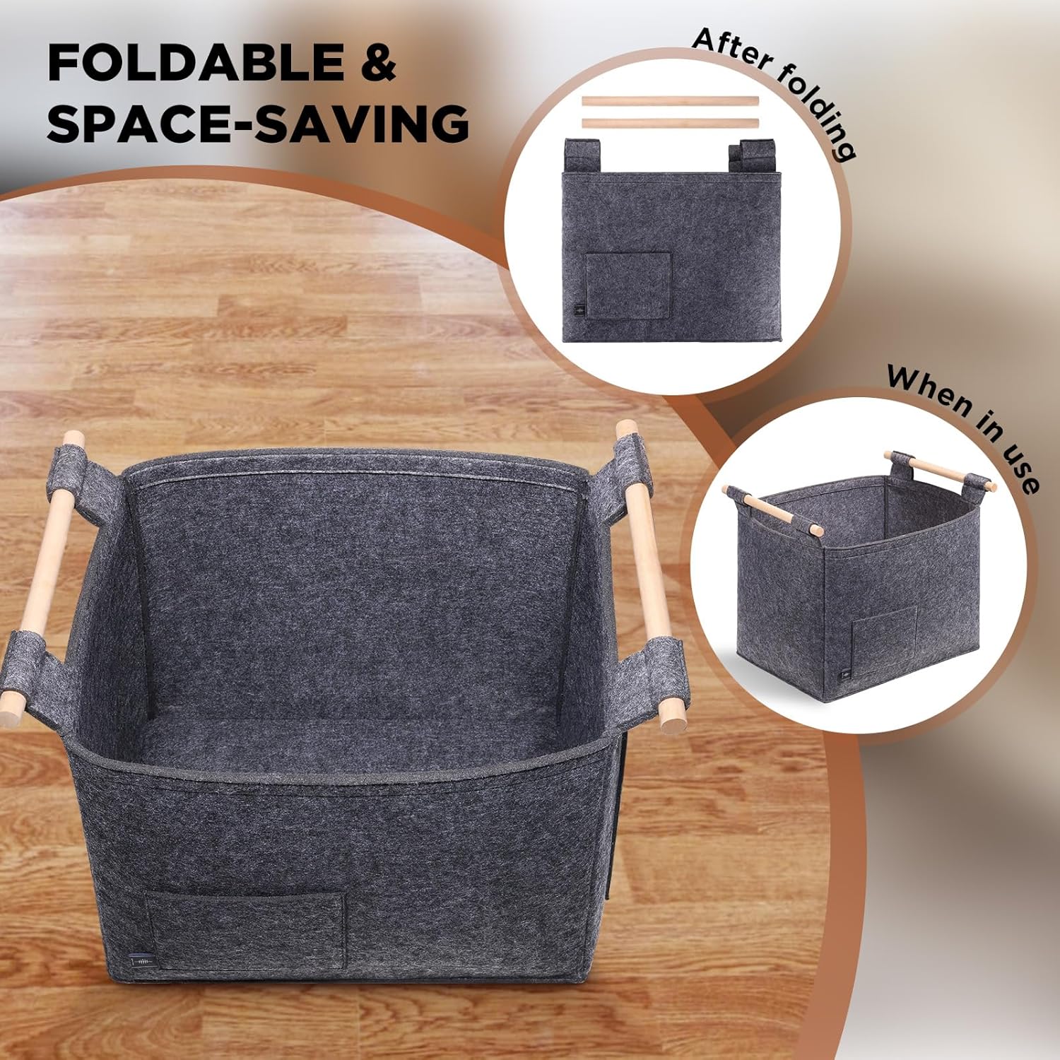 Thumbnail 4 de BONTHEE Log Carrier Felt Bag with Wooden Handles (Grey) – Fireplace Wood Tote for Indoor Storage