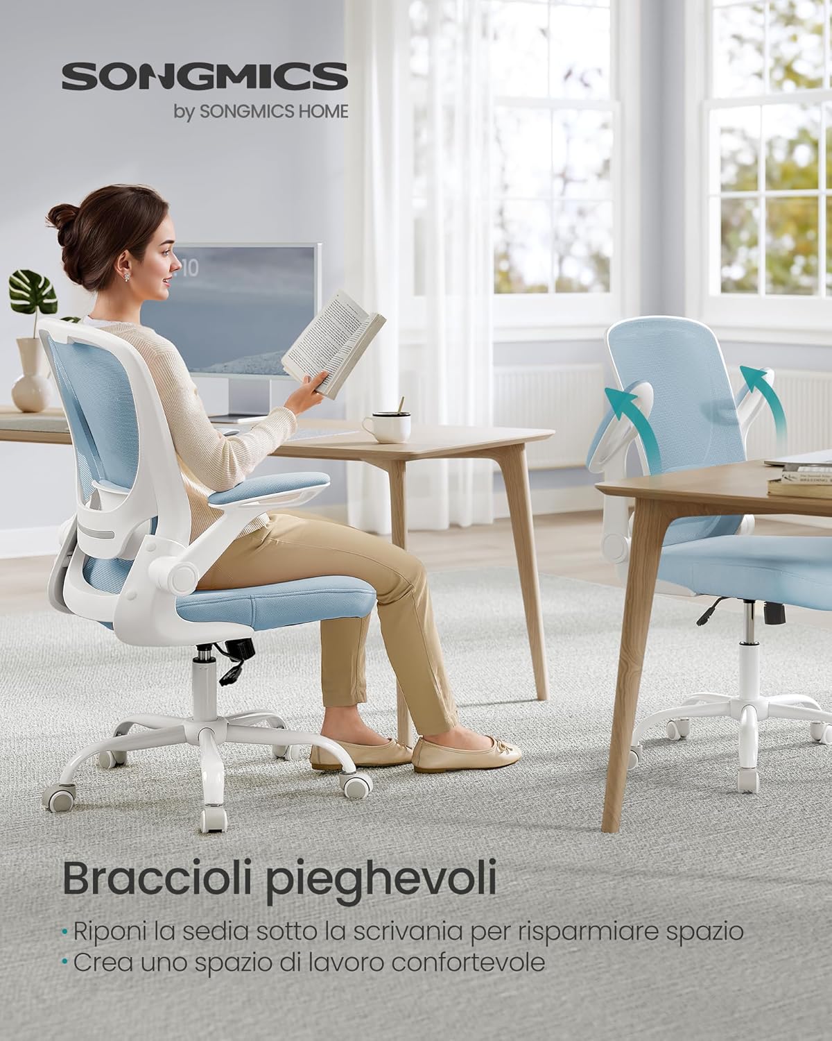 Thumbnail 2 de SONGMICS Sedia da Ufficio Girevole con Schienale a Forma di S, Seduta in Rete e Supporto Lombare – Blu Nebbia (OBN037Q01)