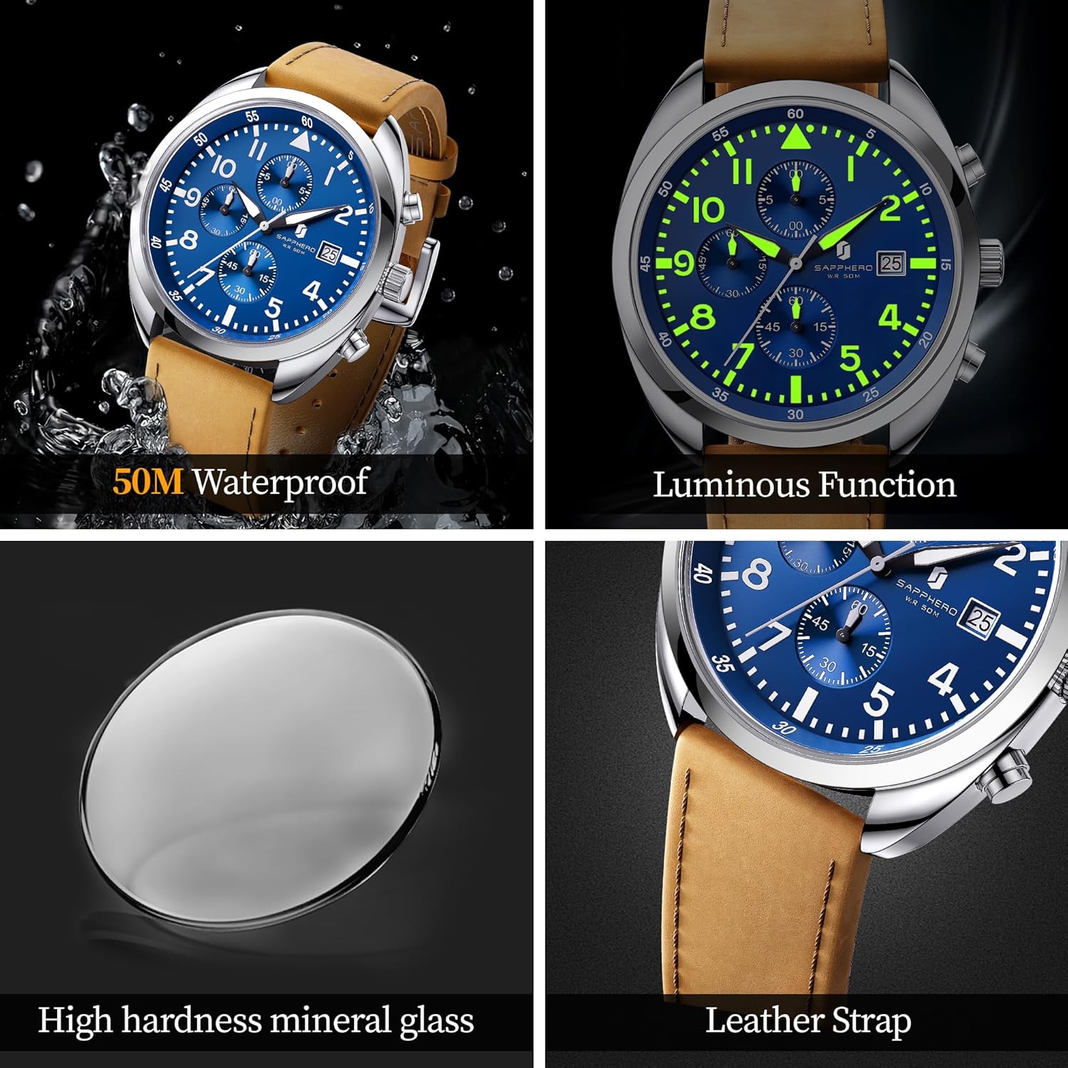 Detalle de SAPPHERO Montre Homme - Chronographe en cuir, cadran arabe, étui cadeau