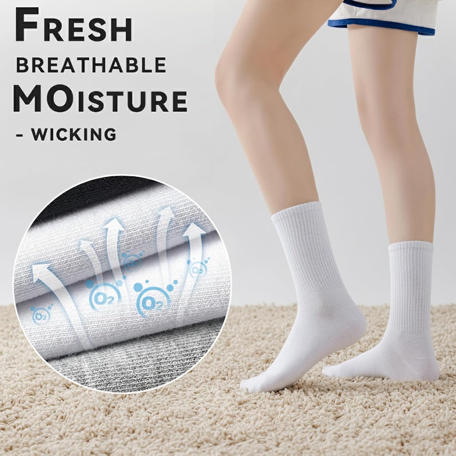 Detalle 2 de VoJoPi Women's Crew Socks, 5 Pairs, Lightweight Combed Cotton, Calf Length