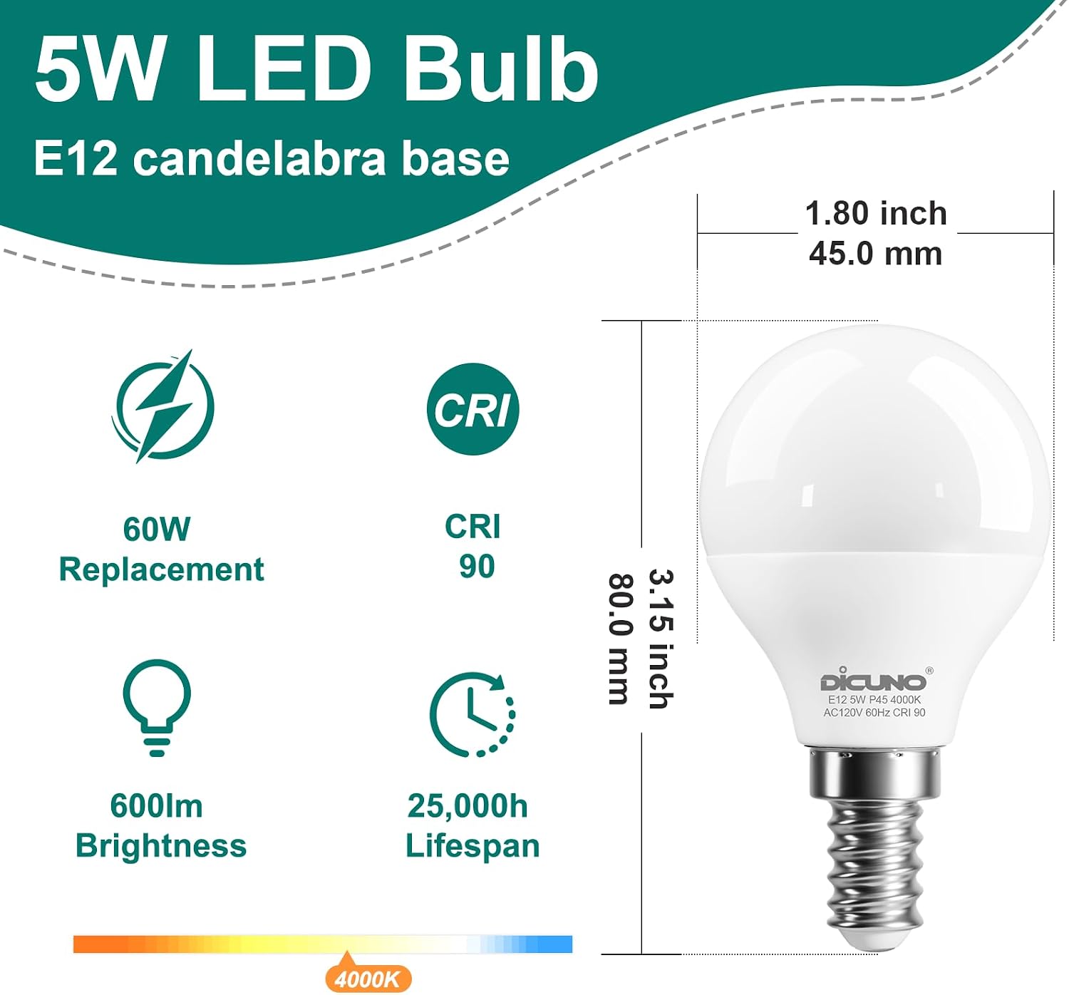 Detalle 1 de DiCUNO CA-FB-E12-P45-5W-NW-6P A15 E12 LED Bulbs, 4000K, 6-Pack