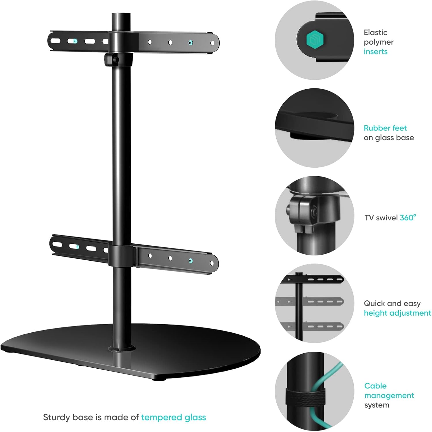 Thumbnail 3 de ONKRON PT2-B – Pied TV universel en verre trempé, VESA 100x100 à 400x400, hauteur réglable et pivotant