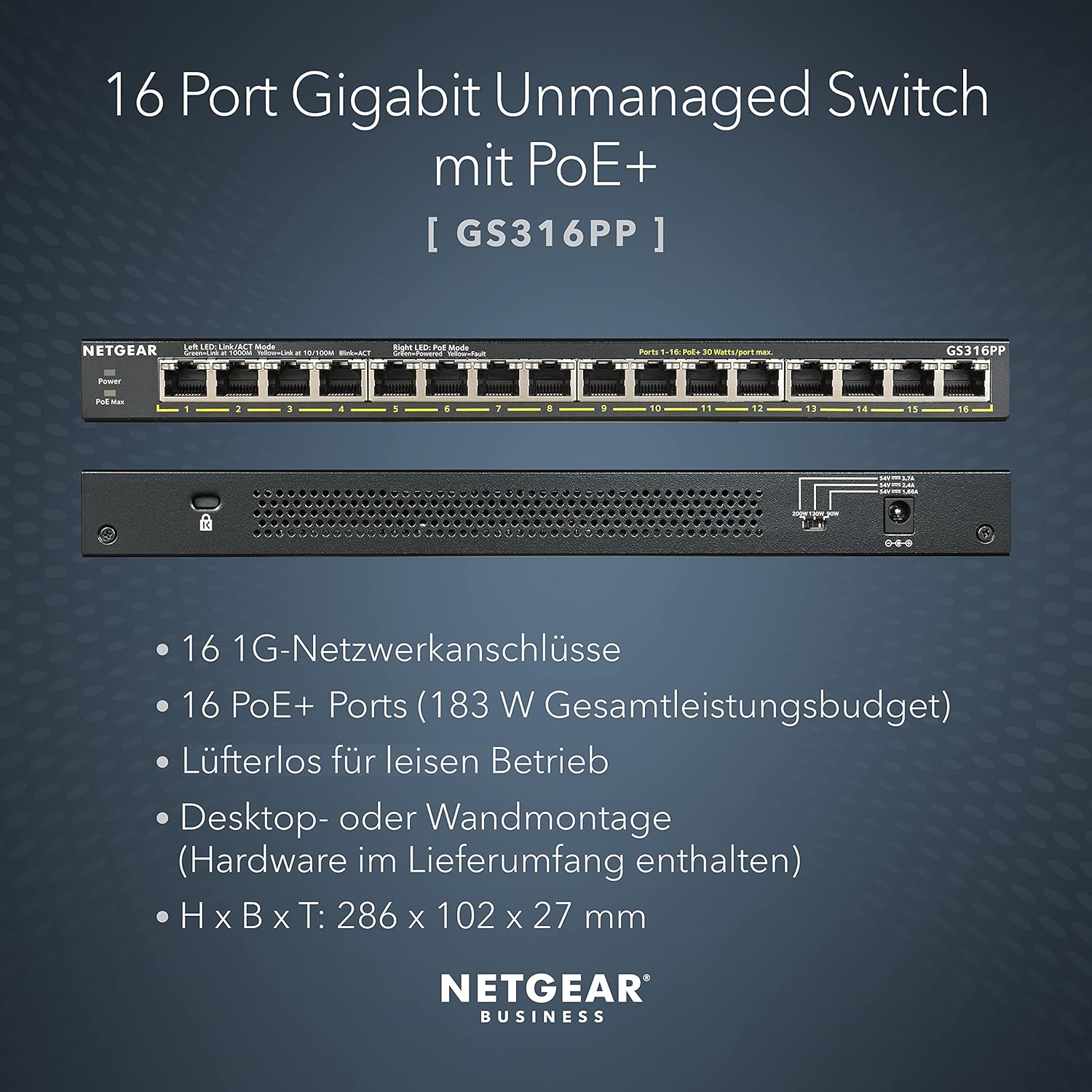 Detalle de NETGEAR GS316PP – 16-Port Gigabit PoE+-Managed Switch mit 180 W Budget
