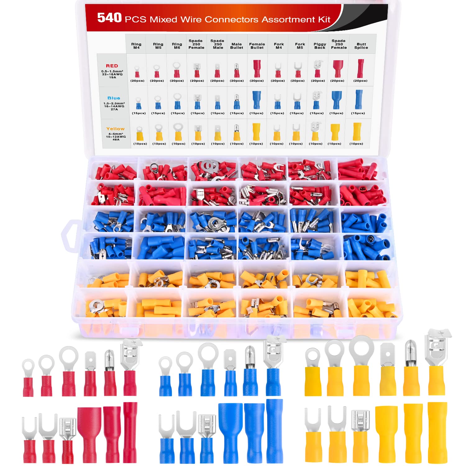 Detalle de Nilight 50007R 540-Piece Insulated Crimp Terminal Assortment, 22–10 AWG
