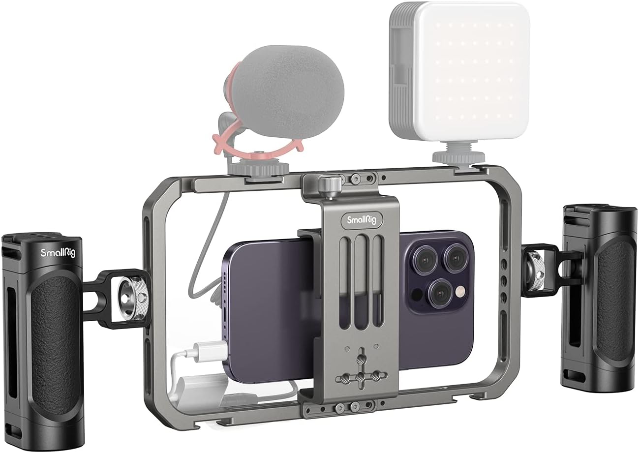 Detalle de SMALLRIG 4121 telefoonstabilisatorset met aluminium cage en dubbele handgrepen