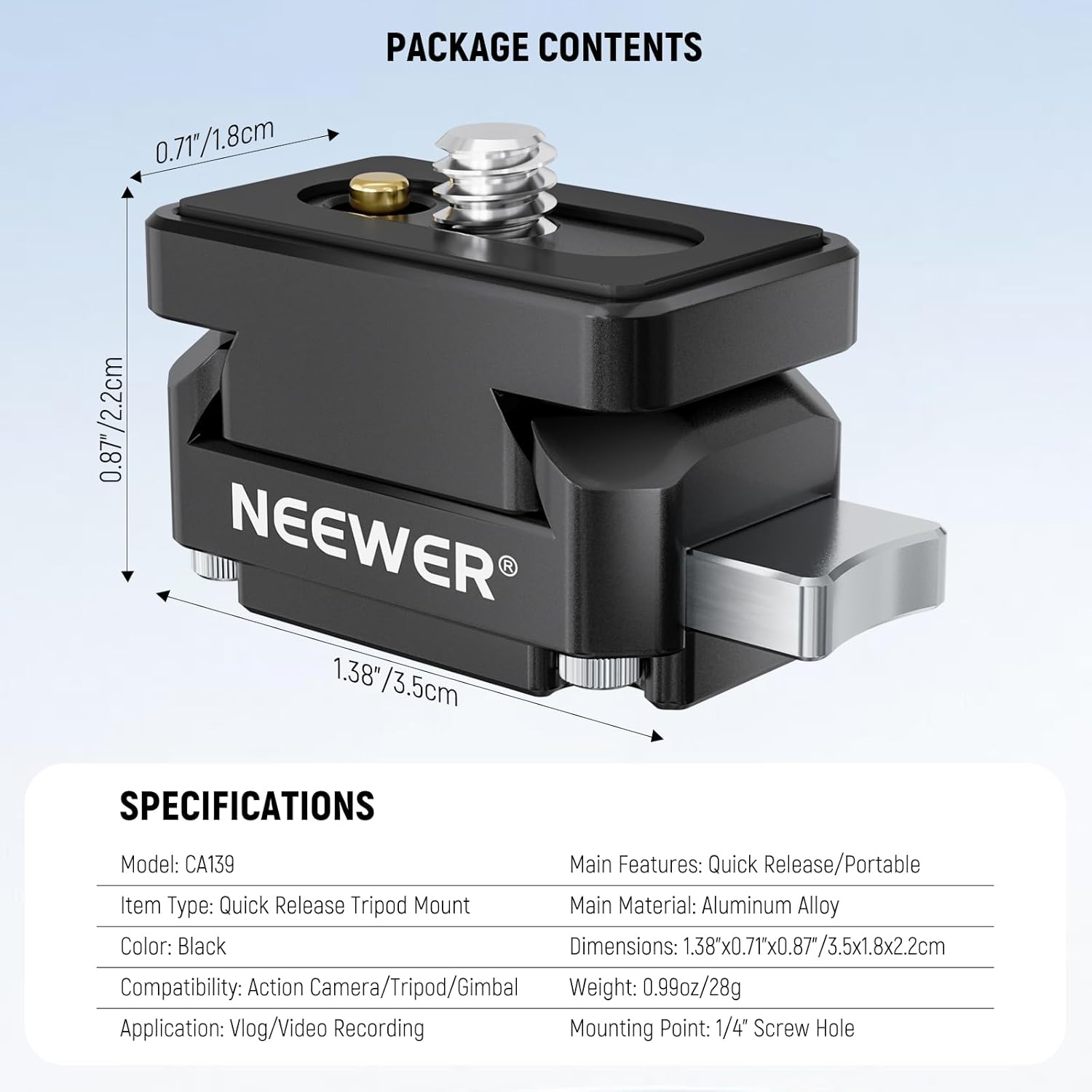 Thumbnail 6 de NEEWER CA139 Schnellwechselplatte für Action-Cam Quick Release (QR) – kompatibel mit Insta 360 X4/X5