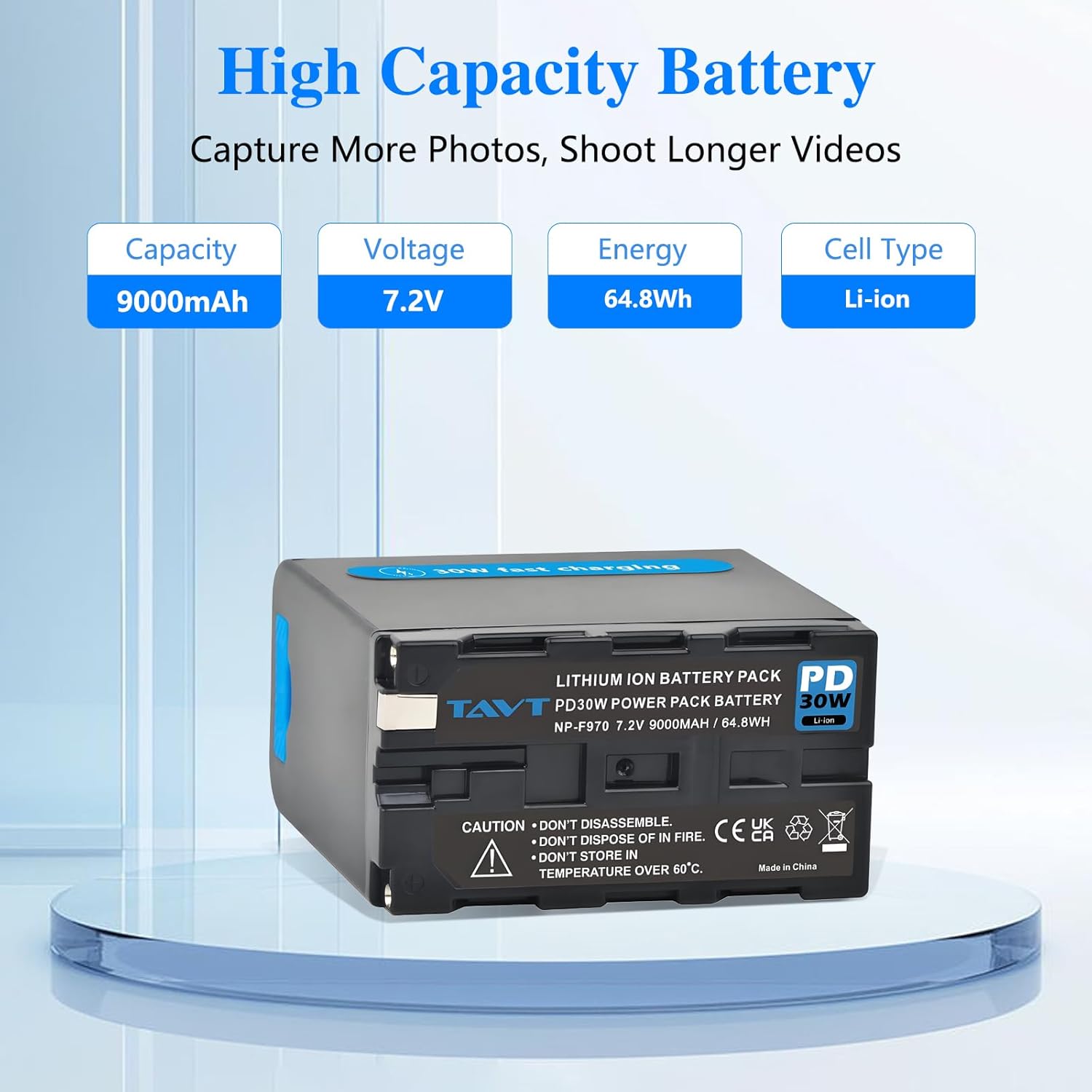Detalle de TAVT Type-C PD 30W 9000mAh NP-F970 NP-F Battery for Sony NP-F Series and Camcorders