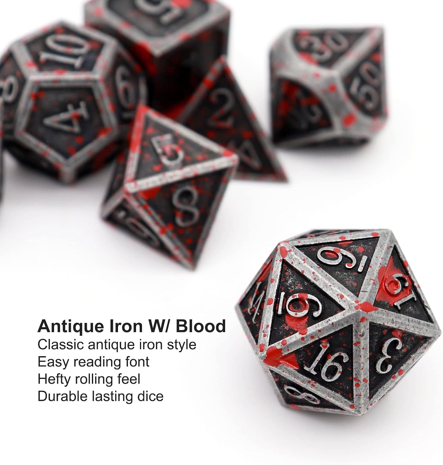 Detalle de Haxtec Bloodstained Metal DND Dice Set (7 pcs) with Leather Dice Bag